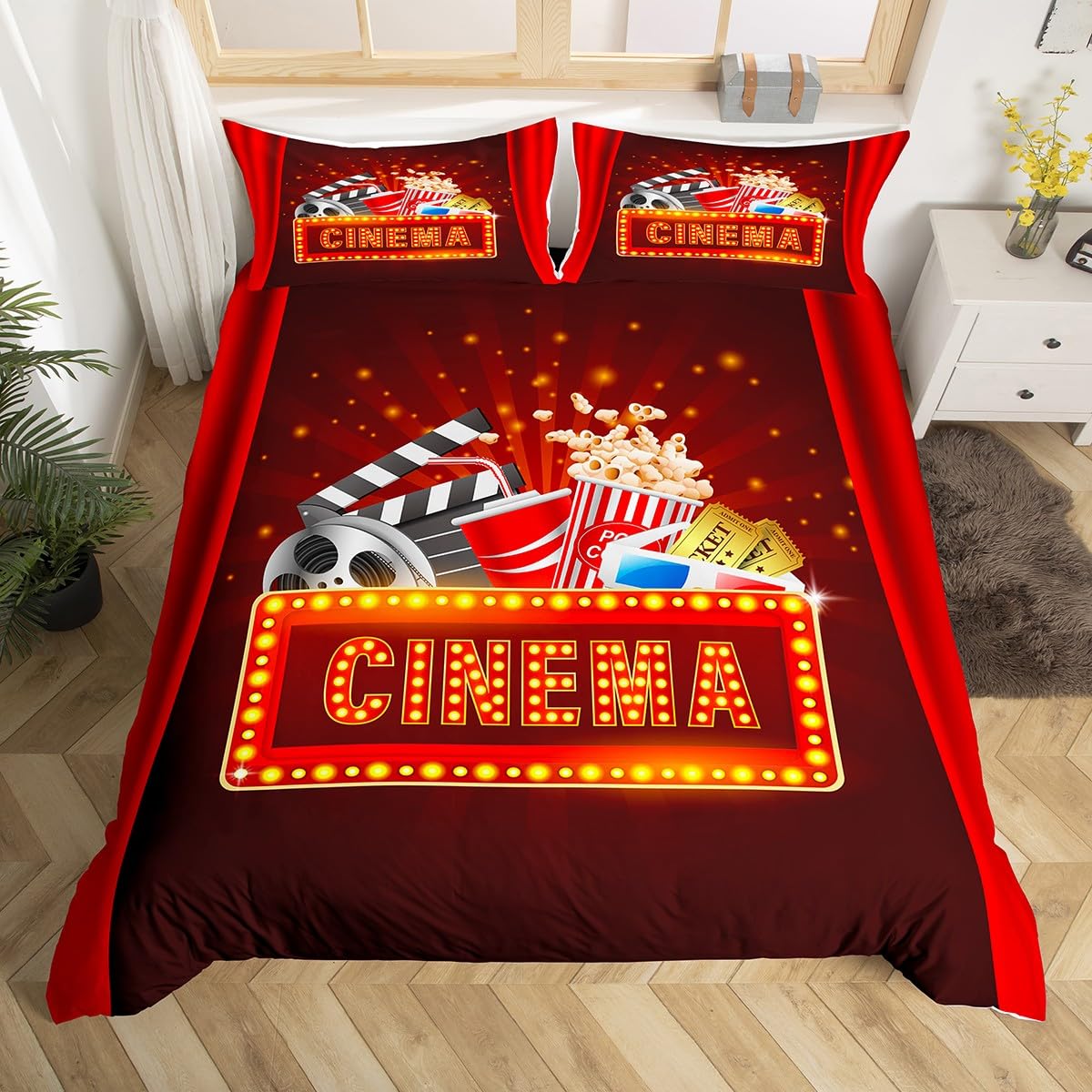 Movie Theater Decor Comforter Cover Set Cinema Bedding Set for Boys Girls Children Movie Night Popcorn Duvet Cover Set Room Decor Home Theater Bedspread Cover 2Pcs Single