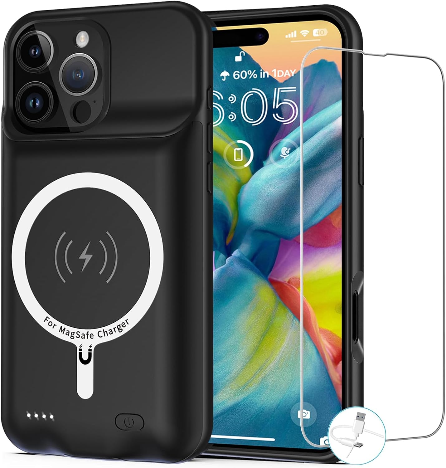 Battery Case for iPhone 16 Pro, [10000mAh] Enhanced Portable Protective Smart Qi Wireless Charger Case Battery Pack with CarPlay Wireless Charging Cover Compatible for iPhone 16 Pro (6.3 inch)-Black