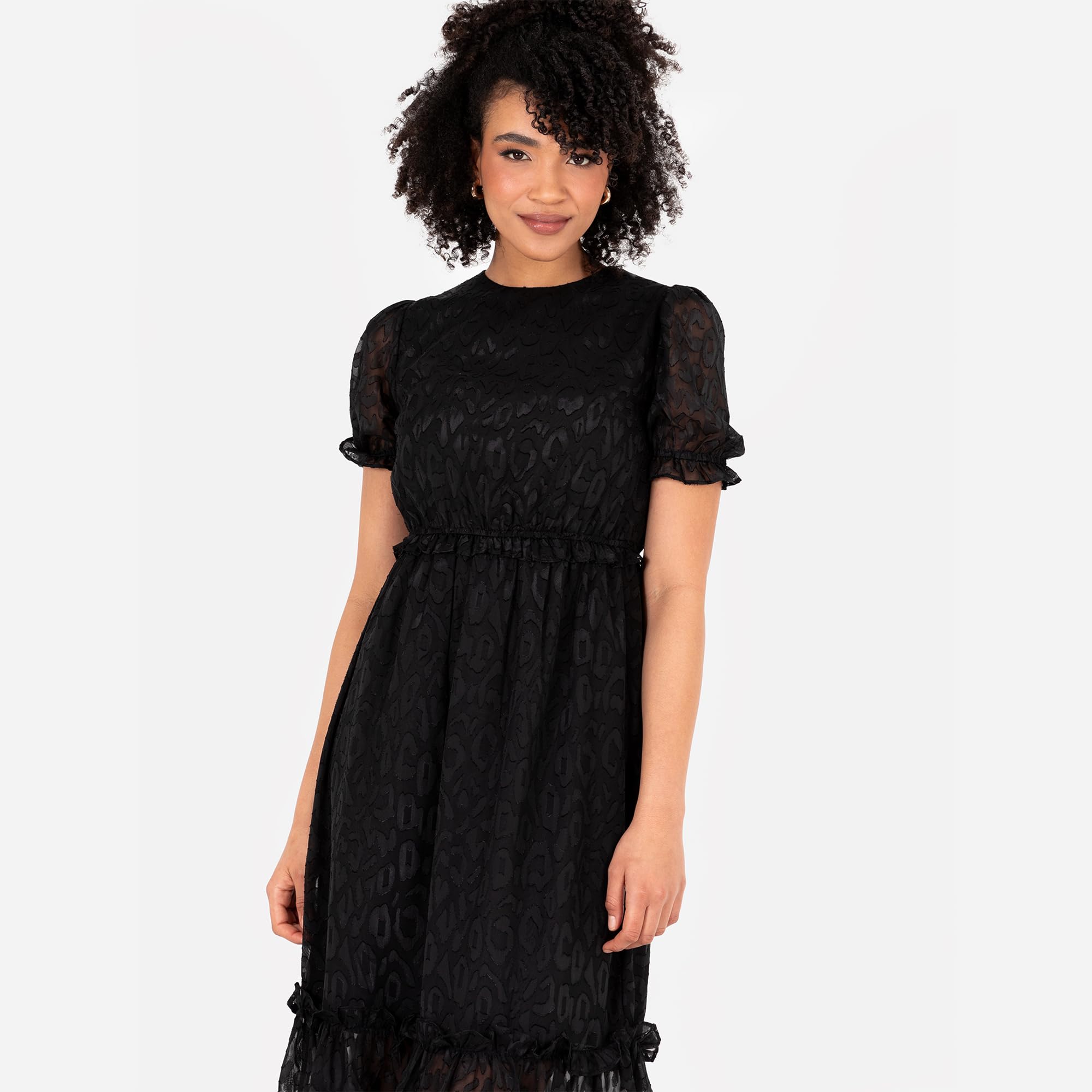 Lovedrobe Damen Women's Ladies Midi Dress Round Neckline Short Puff Sleeve Tiered Hem Ruffle Animal Print A-line Casual Occasion Dress (1er Pack)