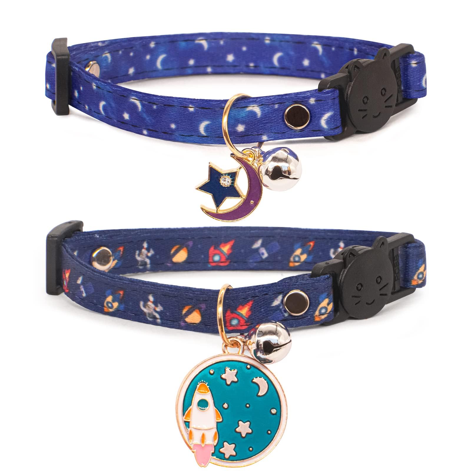 Excefore 2 Pack Cotton Breakaway Cat Collar with Bell, Blue Moon and Stars Pendant Cute Cat Collar Kitten Collar,Ideal for Girl Cats Boy Cats