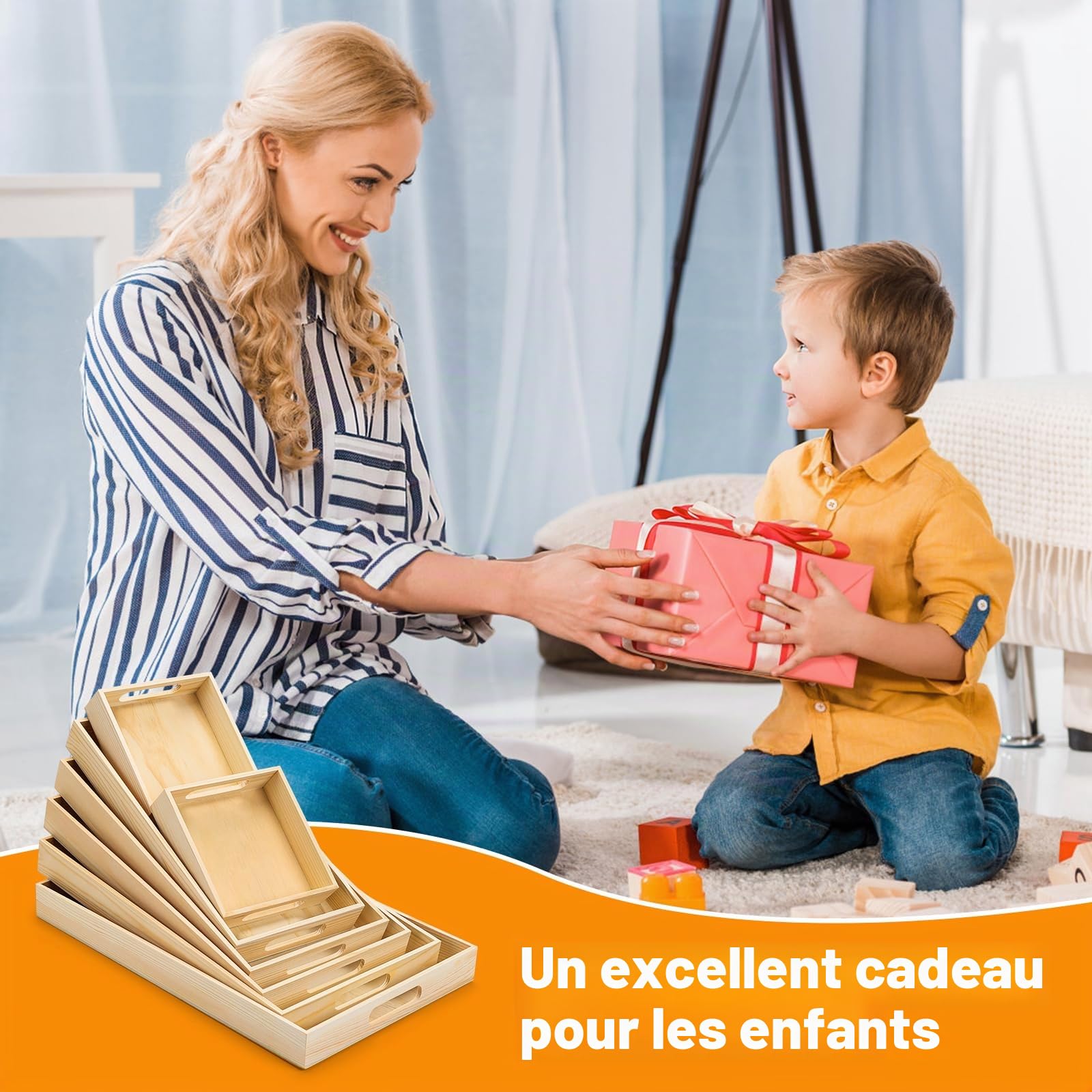 Plateaux de service en bois brut avec poignée – 7 plateaux imbriqués pour le petit déjeuner des enfants, collations Montessori, décoration, cuisine et fêtes