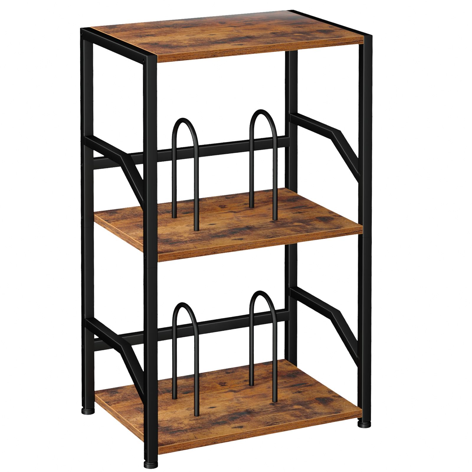 LOAKEKEL Record Player Stand, Vinyl Record Storage Up to 200 Albums, 3 Tier End Table with Removable Dividers, Tall Side Table for Living Room, Bedroom, Rustic Brown, HETCD010BR-1