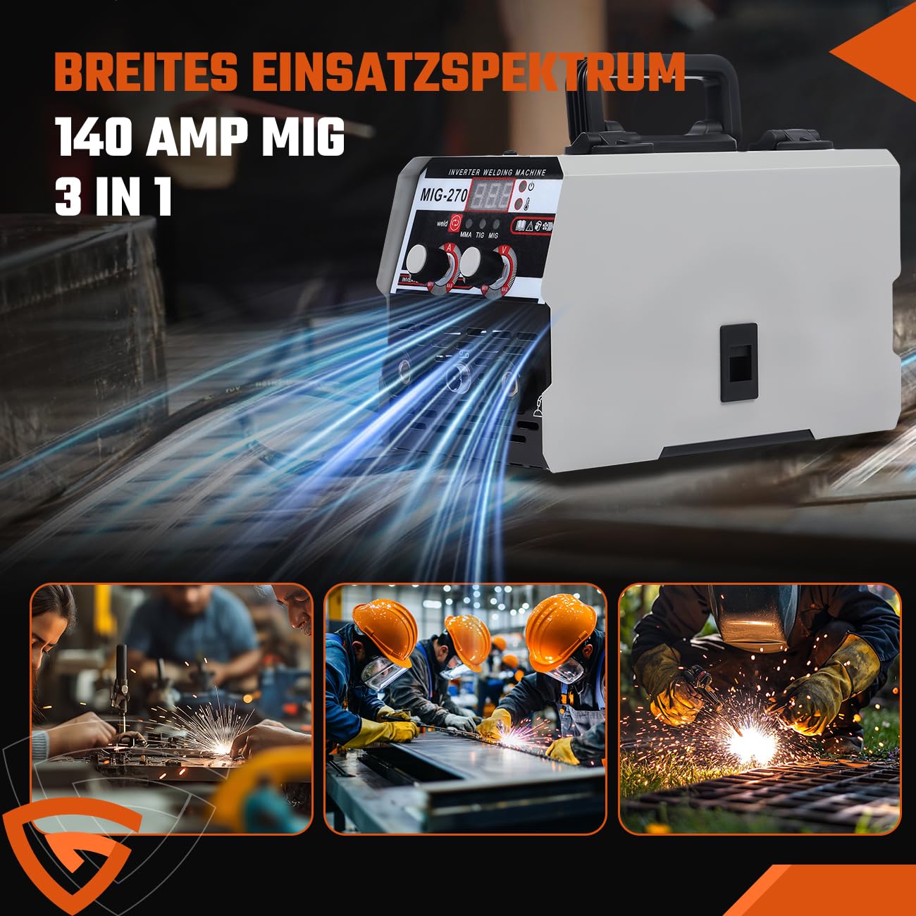 Spawarka MIG/MMA/TIG 3 w 1, 220 V, 270 A, IGBT inwerterowa spawarka spawalnicza bez gazu ze wskaźnikiem LED, do zastosowania pręt spawalniczy 1,6-3,2 mm, prędkość drutu 2,2-12 m/min, IP21S przenośna