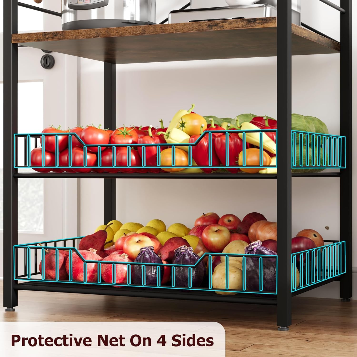 Garvee Mueble microondas Cocina con Gran Capacidad,Estantería 5 Niveles para Microondas de Cocina,con 6 Ganchos para Especias y Organizador de Ollas,60 * 40 * 146 cm(Marrón)