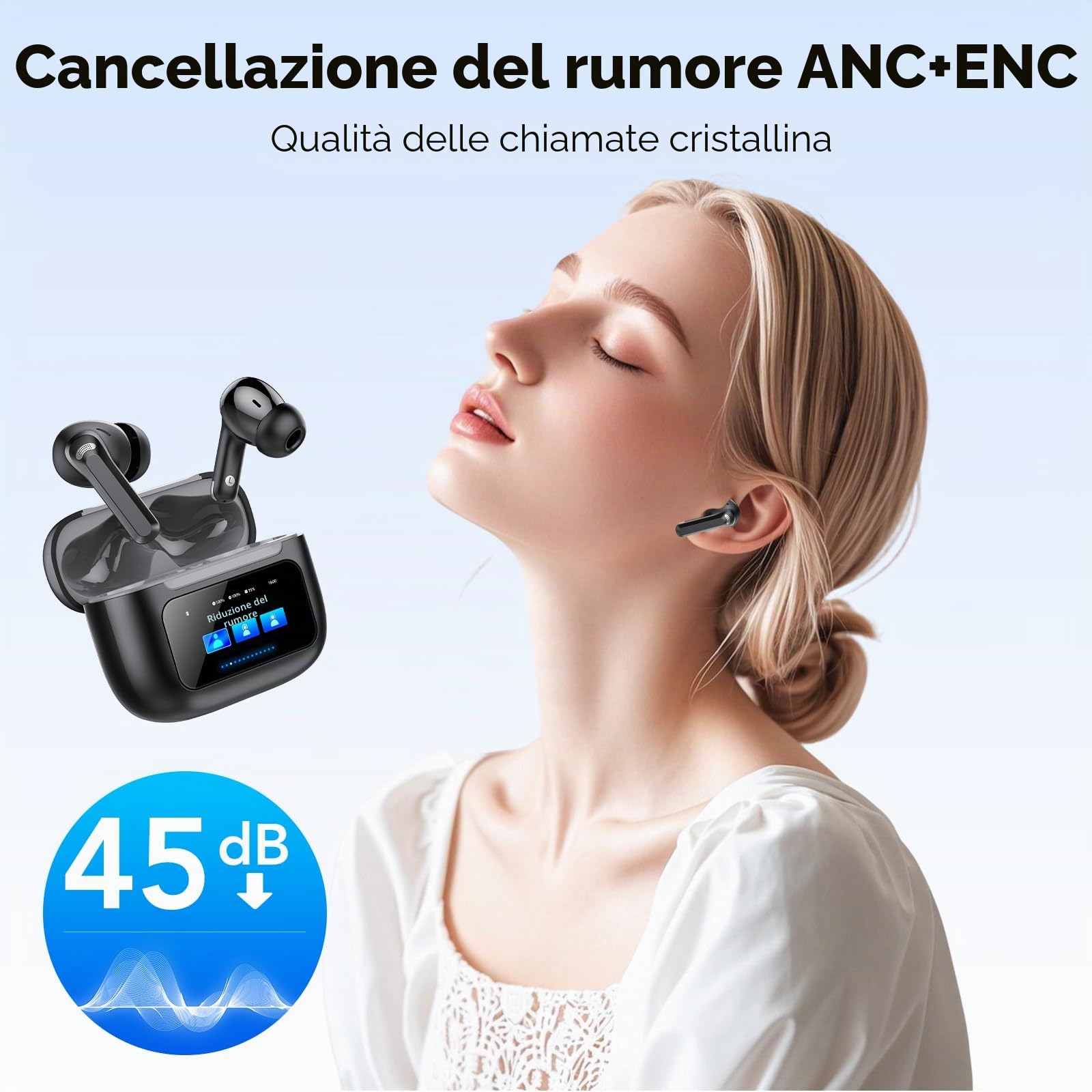 Antirumore Cuffie Bluetooth, Bluetooth 5.4 Con Touch Screen Multifunzione, 50 Ore Stereo HiFi Cuffie, 5 modalità EQ con ANC/ENC e cancellazione del rumore Cuffie, IP7 Impermeabile Auricolari Wireless