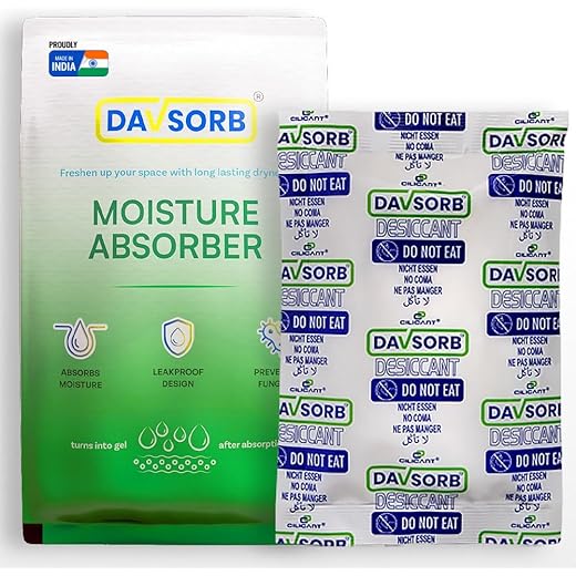 DAVSORB Room Moisture Absorber Sachet for Home, Kitchen, Cars, Electronic items, Wardrobe & Shoe Racks | Fights Excess Moisture & Prevents Mould & Fungus; 100gm-pack of 3 (Large), White