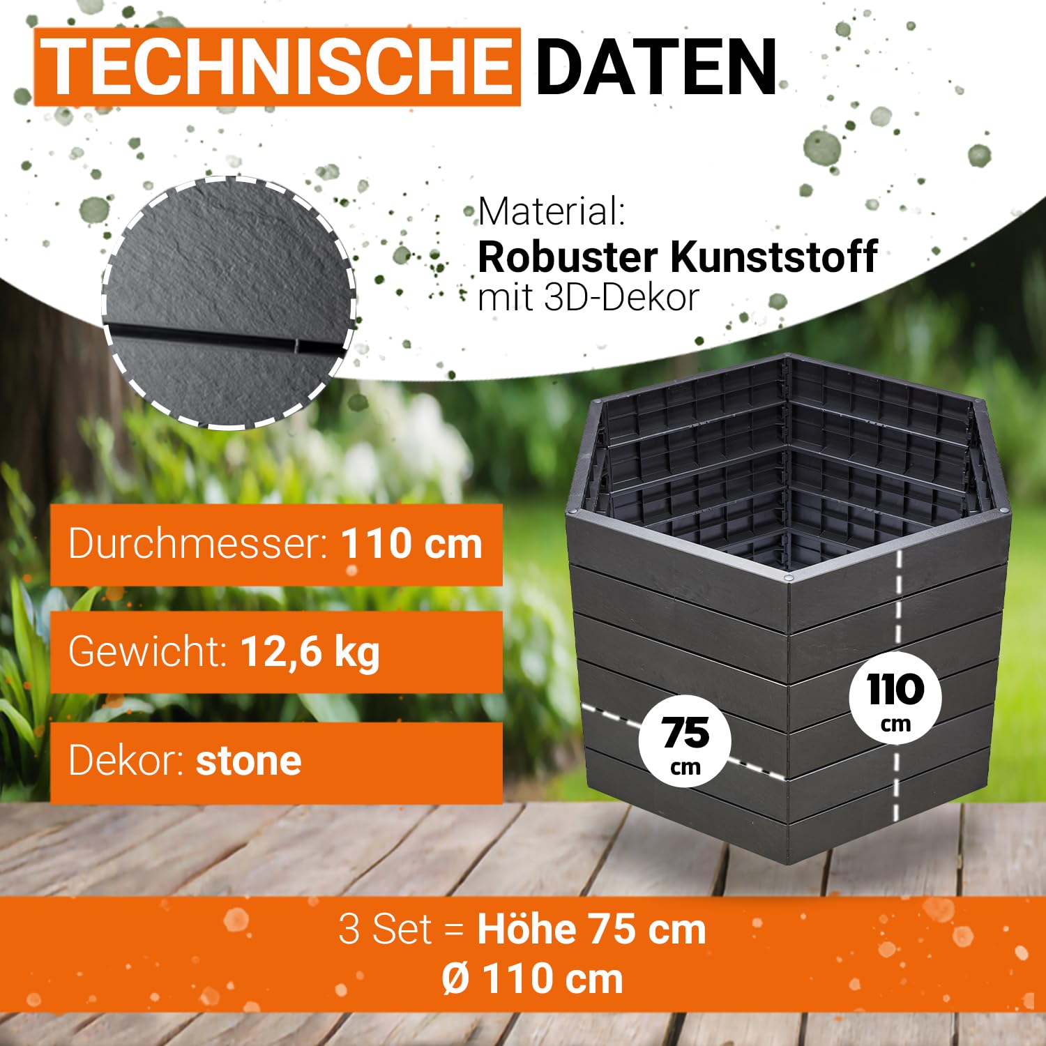 Garantia Ergo Hochbeet Stony L 75 ergonomisches Hochbeet Kunststoff | sechseckig anthrazit für Garten Gemüsebeet Kräuterbeet Pflanzenbeet dekorative Steinoptik wetterfest modular steckbar