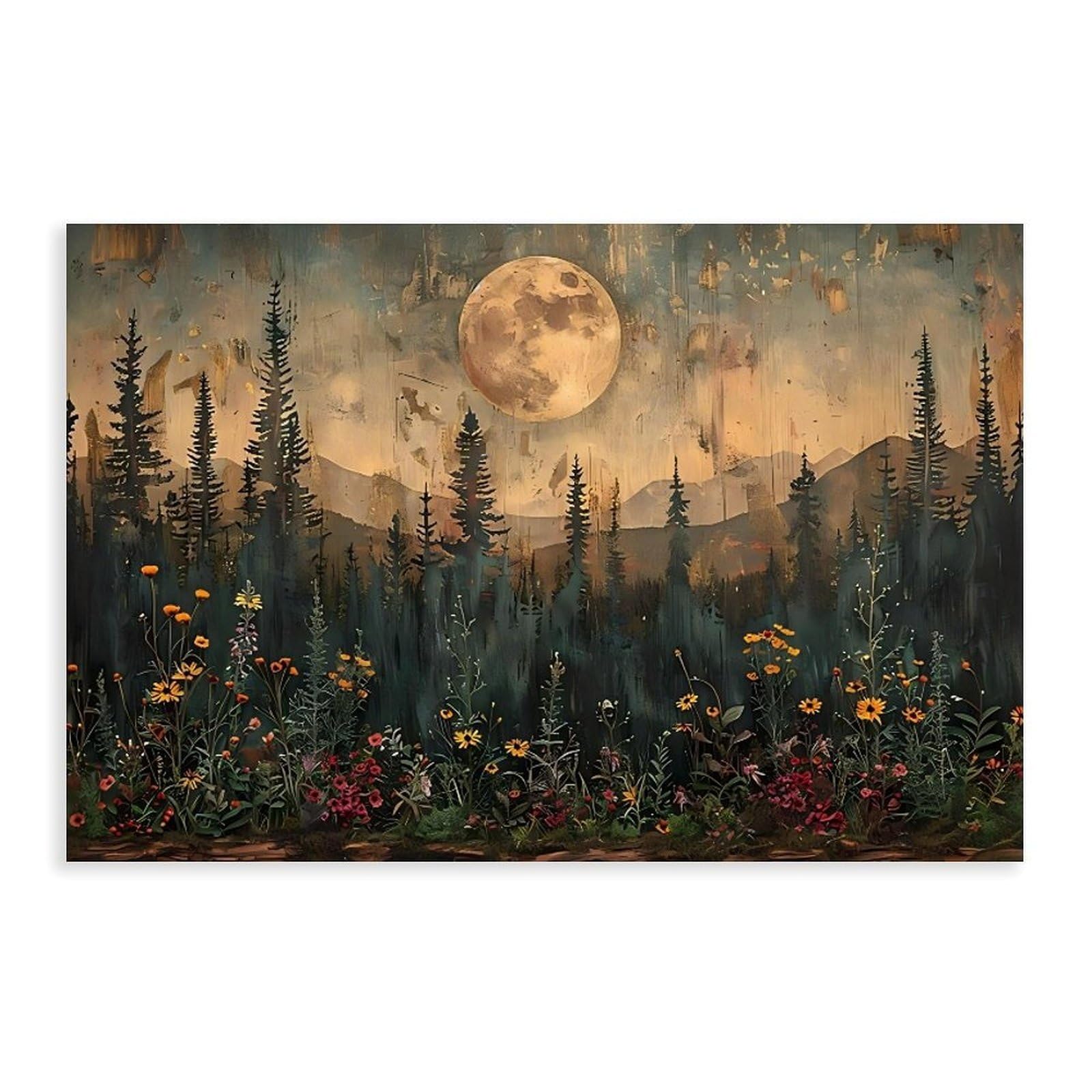 Bareronor Moonlit Pine Forest Canvas Poster Bedroom Decor Landscape Office Room Decor Gift 12" L X 18" W