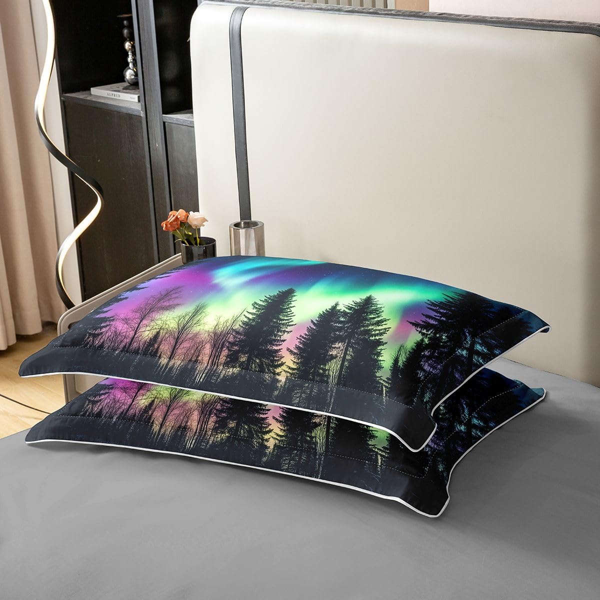 Castle Fairy Aurora Scenery 100% Nature Cotton Duvet Cover Natural Mountain Trees Comforter Cover Twin Size with 1 Pillowcase Blue Purple Watercolor Aesthetic Luxury Bedding Set (No Filler)