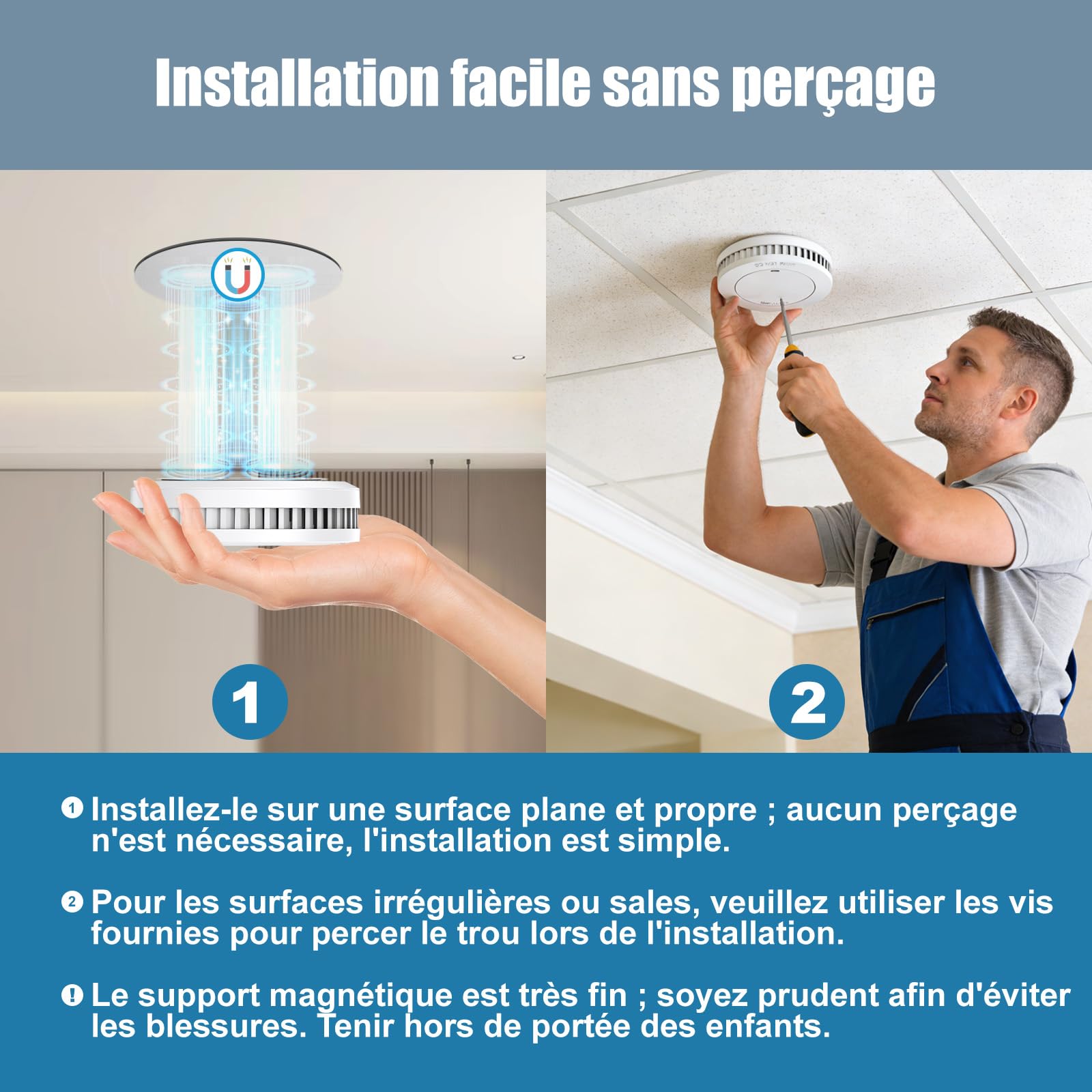Détecteur de fumée avec Pile de 10 Ans, Support magnétique, sans perçage, certifié TÜV Rheinland, Alarme Incendie sans LED Clignotante, Fonction silencieuse, Petit détecteur de fumée, EN14604,10unità