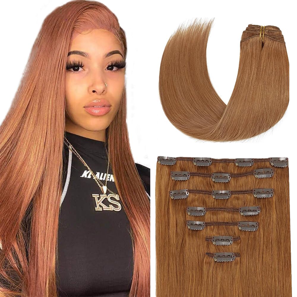 Photo 1 of #30 Brown Straight Clip in Hair Extensions,24 Inch Soft Real Human Hair,Color #30 Straight Clip ins 120g 7pcs Per,Brazilian Remy Light Brown Human Hair Extensions.