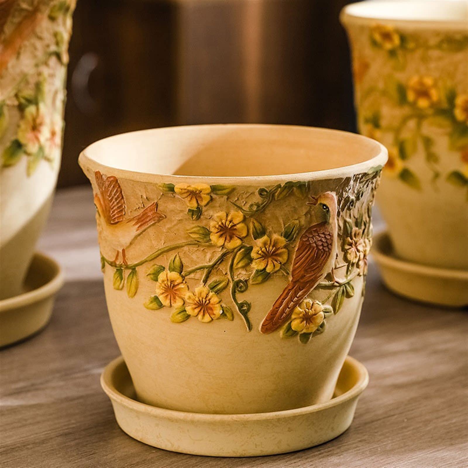 Doniczka kwiatowa Ceramiczna doniczka z tacą kreatywna ulga ręcznie malowana doniczka w stylu retro duża doniczka z otworem spustowym taca Doniczki na Rośliny (Size : XL)
