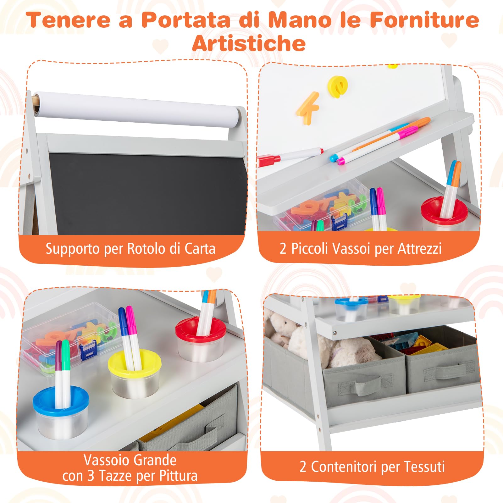 COSTWAY 3 in 1 Cavalletto per Bambini, Cavalletto con Doppia Faccia Magnetica e Lavagna Bianca, Rotolo di Carta, 3 Bicchieri per Vernice e 2 Cestini in Tessuto, per Bambini 3-6 Anni (Grigio)