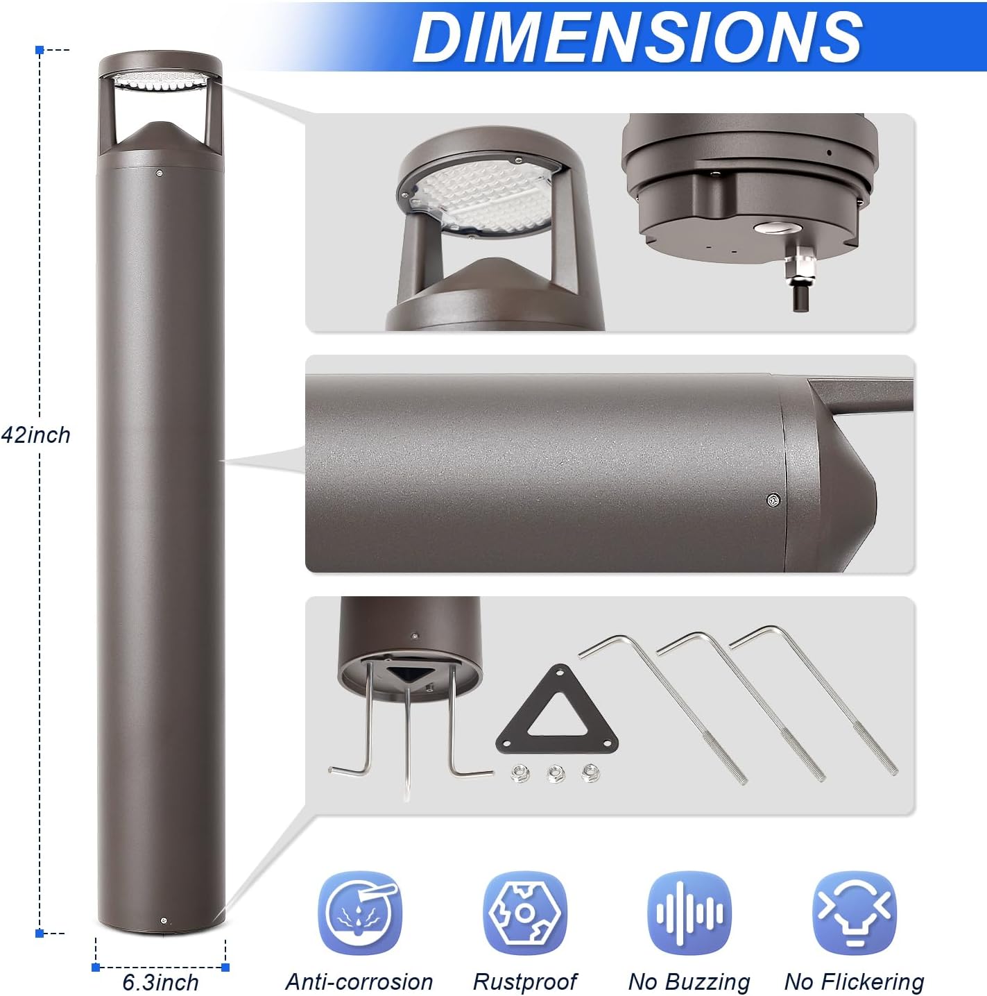 24W 42inch LED Bollard Landscape Light, 120-277V, 3CCT 3000K/4000K/5000K Selectable, 0-10V Dimmable, Outdoor Pathway Light for Garden, Walkway, Driveway, Die-Cast Aluminum, IP65 Rated UL Listed