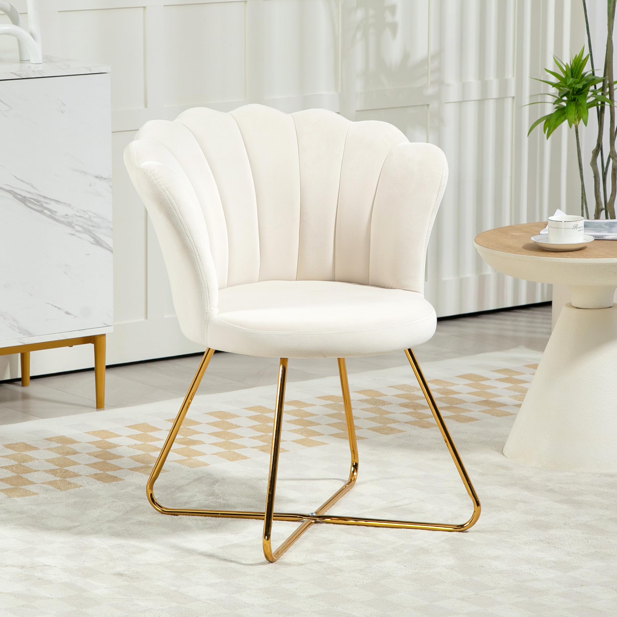 HOMCOM Chaise de Coquillage, Coiffeuse, Chaise en Velours, Chaise de Salon avec Pieds en Acier, pour Salon, Chambre à Coucher, 69 x 64 x 80 cm, crème