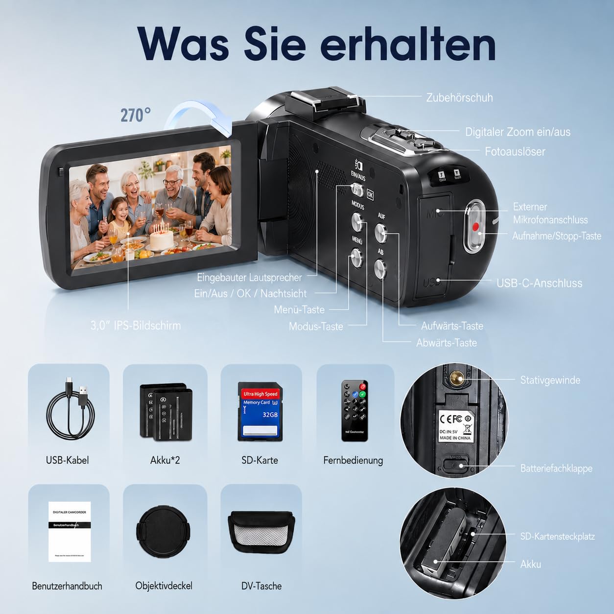 Caméscope 4K - Caméra vidéo 30 fps 80 MP 18 x zoom numérique IR vision nocturne caméra vlogging écran IPS 3,0" YouTube avec carte SD 32 Go, télécommande et 2 piles