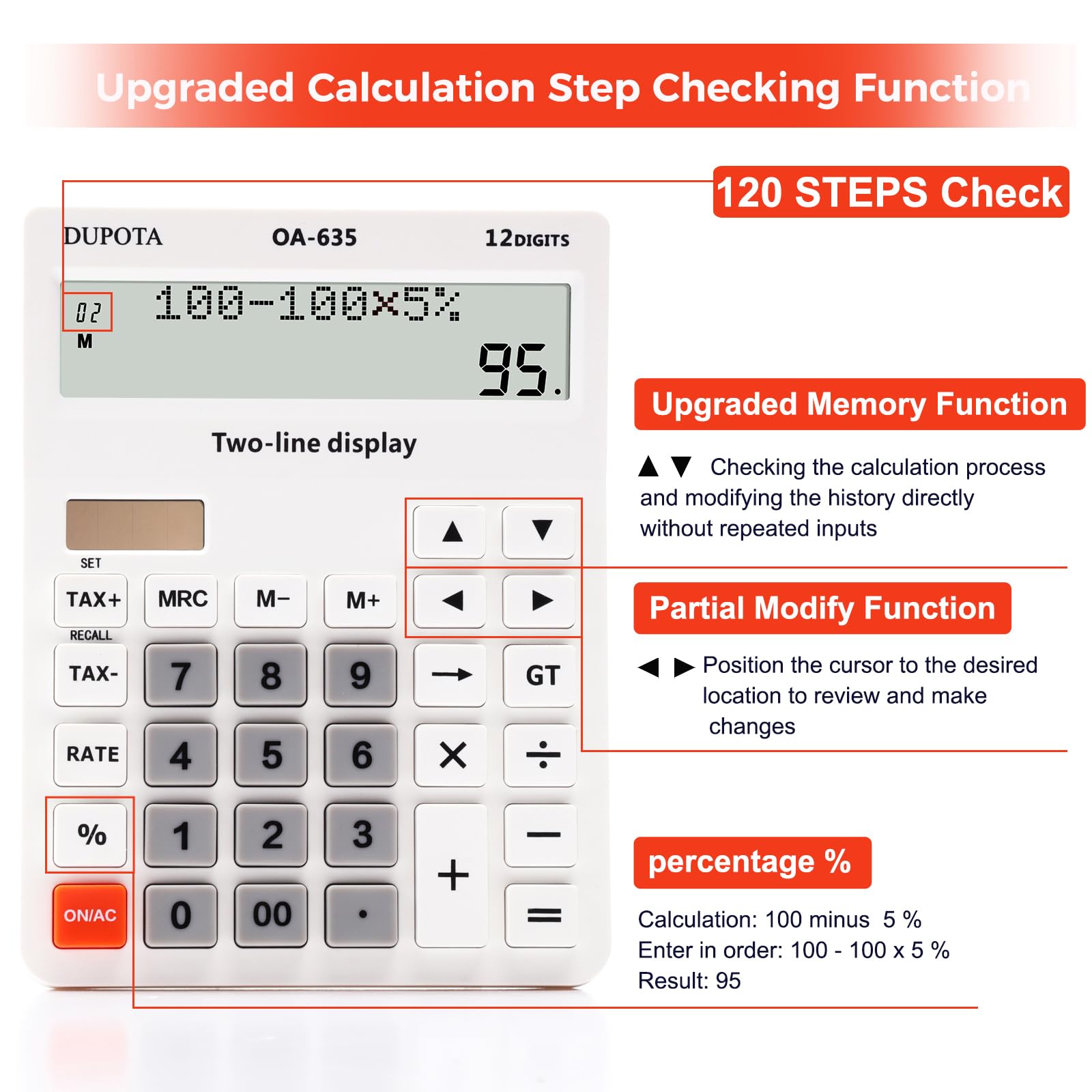 Calculatrice portable grand écran gros boutons avec écran LCD à 12 chiffres 2 lignes, double énergie solaire et batterie, calculatrice avec fonction taxe et chat pour bureau, maison, école et