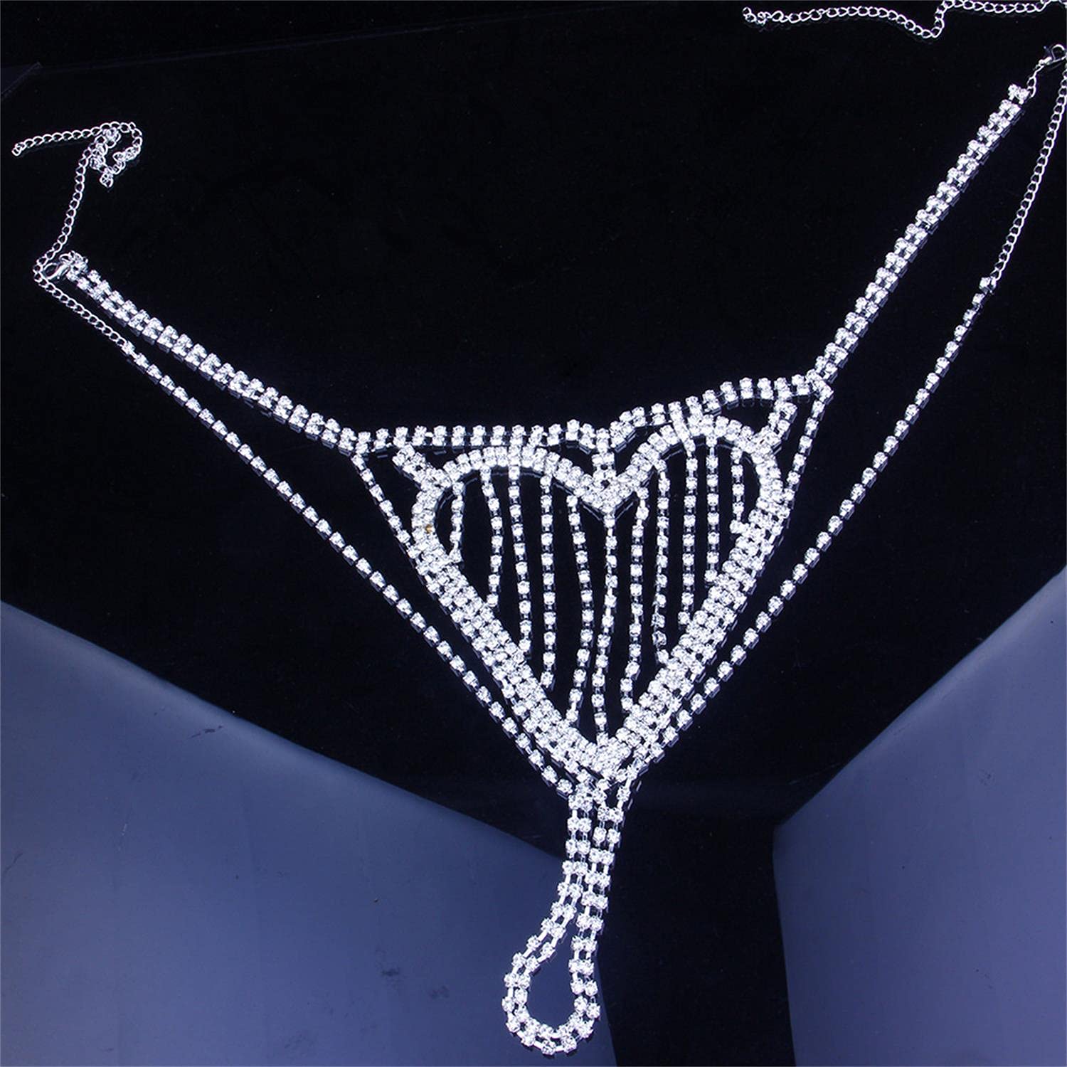 Sexy Diamond Chest Chain Bra Panties Sparkly Rhinestone Body Chain Crystal Bikini Chest Jewelry Lingerie Woman Nightclub Clothing (Silver)