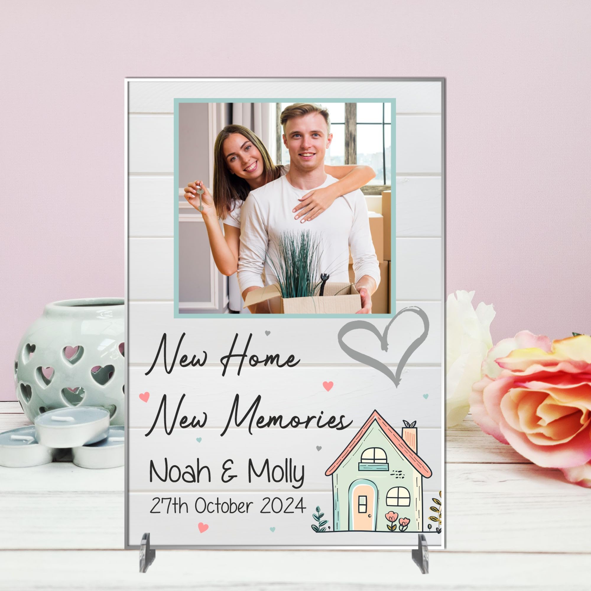 New Home, New Memories - Personalised Plaque with Custom Photo | Housewarming Gift with Family Name and Move-in Date | Keepsake for First Home (Acrylic Indoor & Outdoor Use, A5 21cm x 15cm)