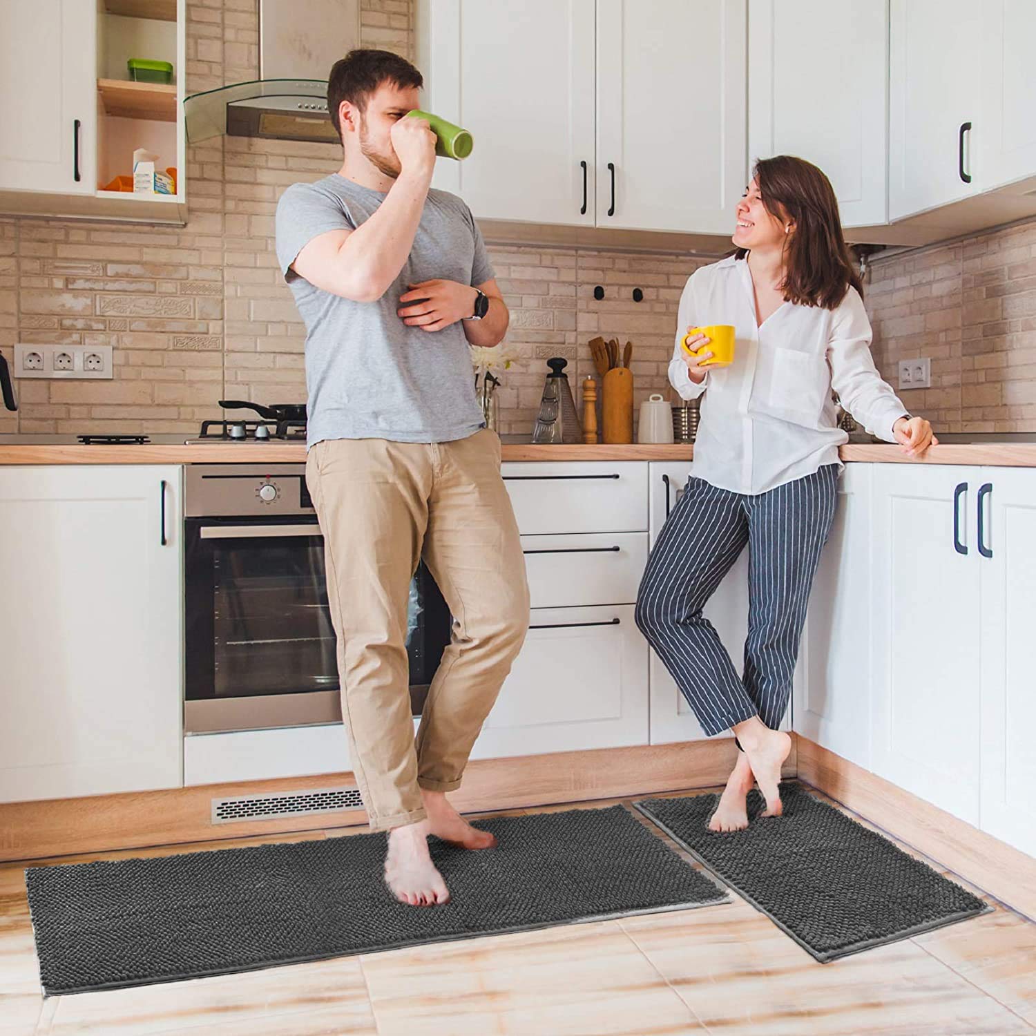 YOKIA Non Slip Thick Shaggy Chenille Bathroom Rugs - (Set of 2 -16in x 47in) Dark Gray