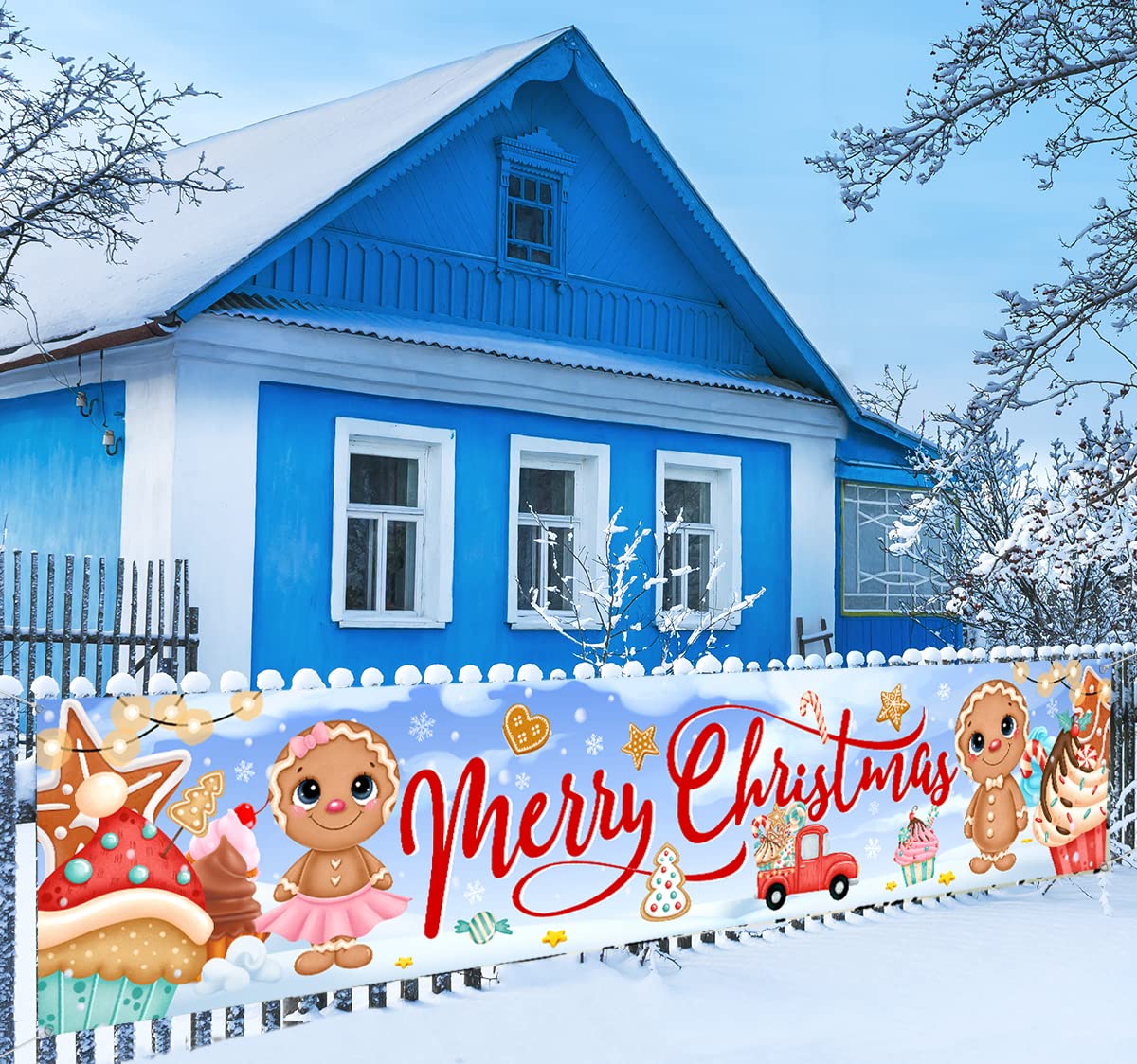 Gingerbread Christmas Decorations-2021 Merry Christmas Gingerbread Man Banner,Candy Winter Gingerbread Christmas Yard Sign Banner for Xmas Decoration