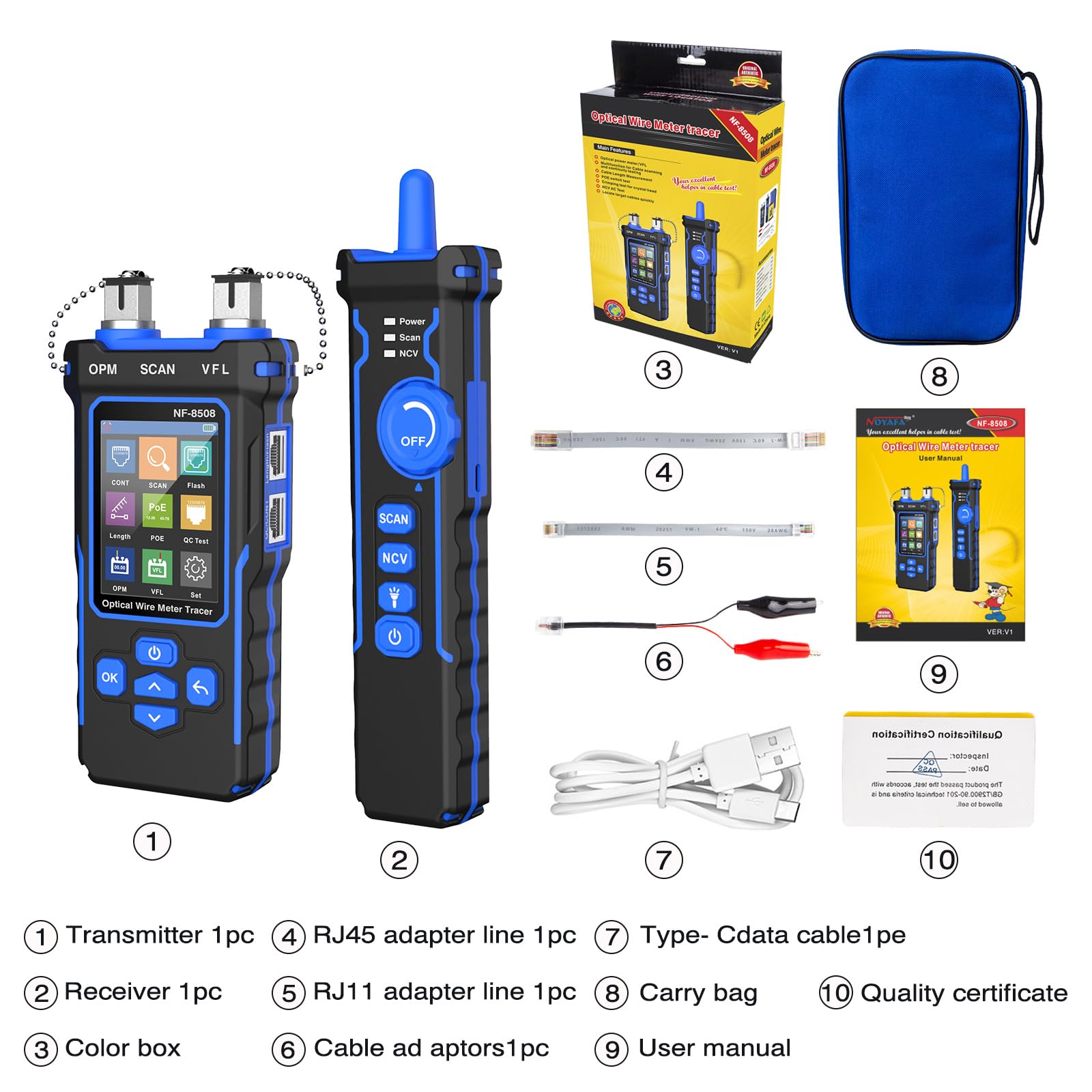 NOYAFA NF-8508 Probador de Cables - Red Ethernet Medidor de Potencia Óptica, Tester RJ45/RJ11, VFL, Prueba PoE, NCV, Medición de Longitud, Mapeo de Cables Cat5/Cat6