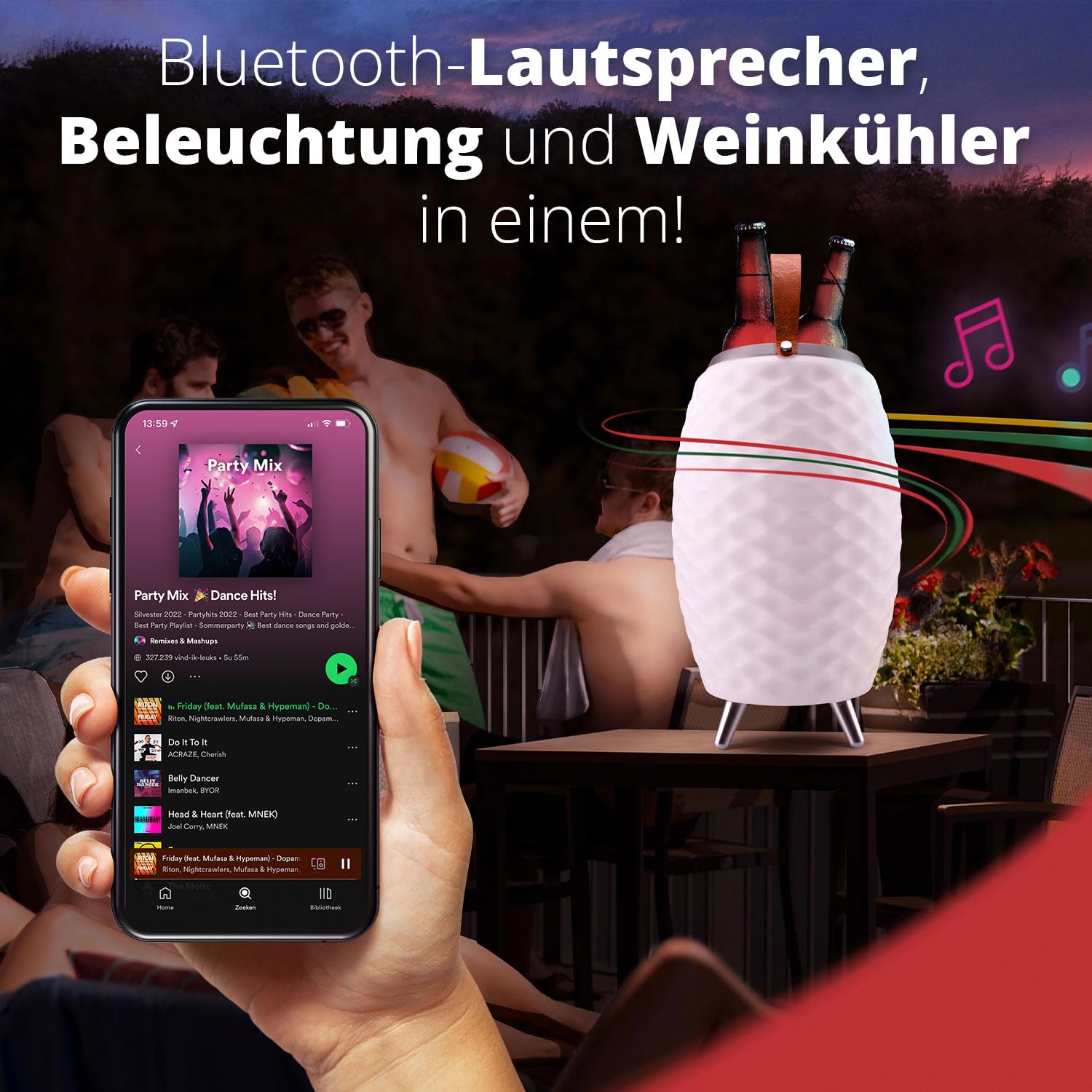 FLINQ Tragbarer Bluetooth Lautsprecher LED Lampe Bali - Weiß - XL | Mit Weinkühler - Bluetooth Box - Spritzwasserdicht - Für Innen und Außen