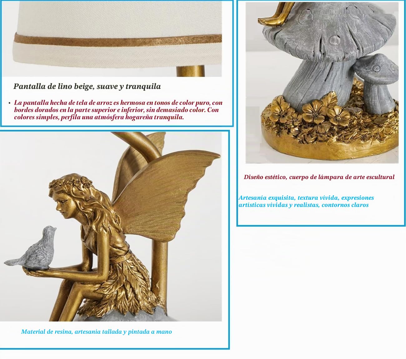 Lámpara de mesa de ángel con pantalla de tela blanca, ángel de resina dorada y gris en base de hongo, luz decorativa para mesita de noche