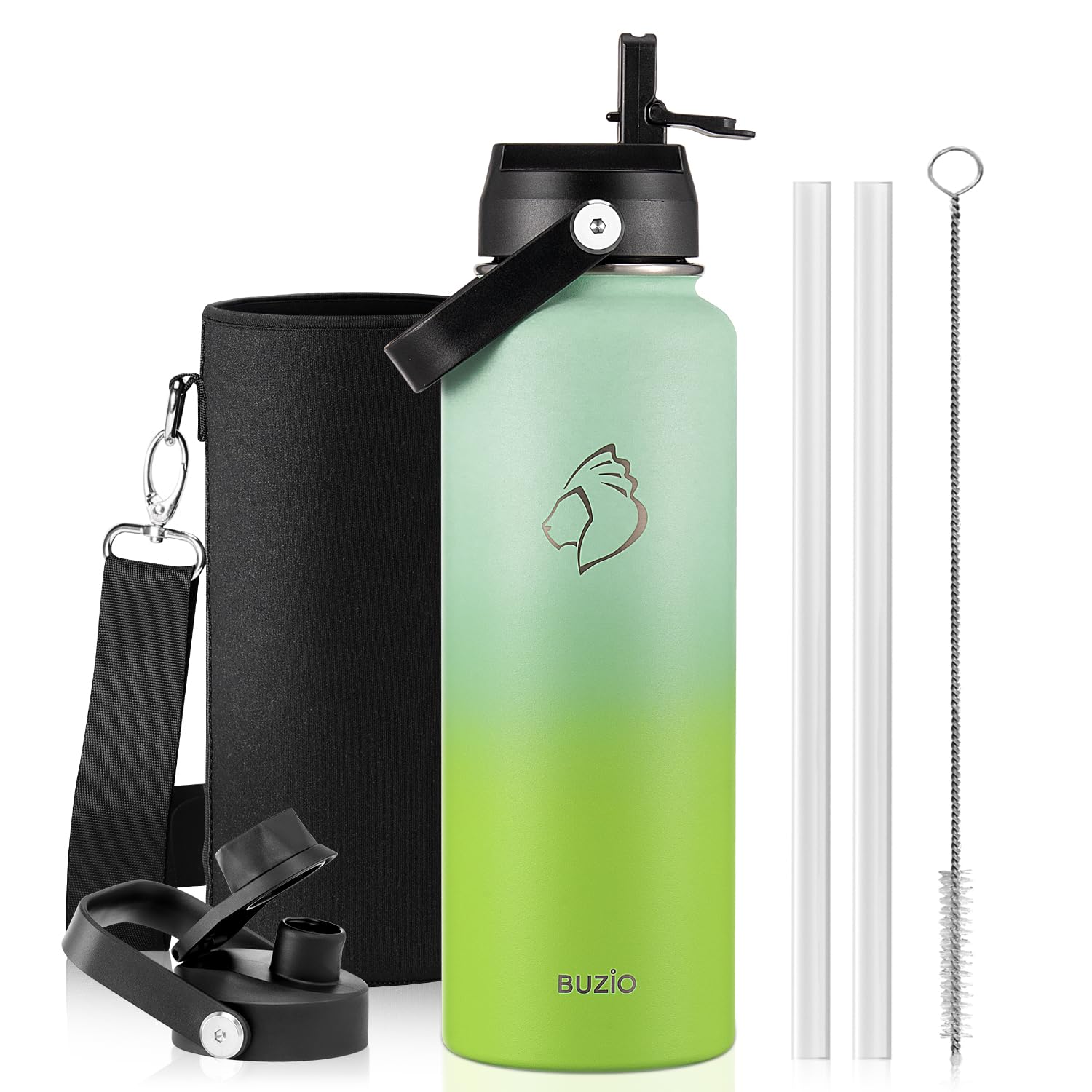 BUZIO 40oz Insulated Water Bottle, Triple Wall Stainless Steel Water Flask with 2 lids, Leakproof BPA-Free Straw Lid Sports Canteen for Sports Hiking, Cold 48H & Hot 24H- Gradient Green — image 1