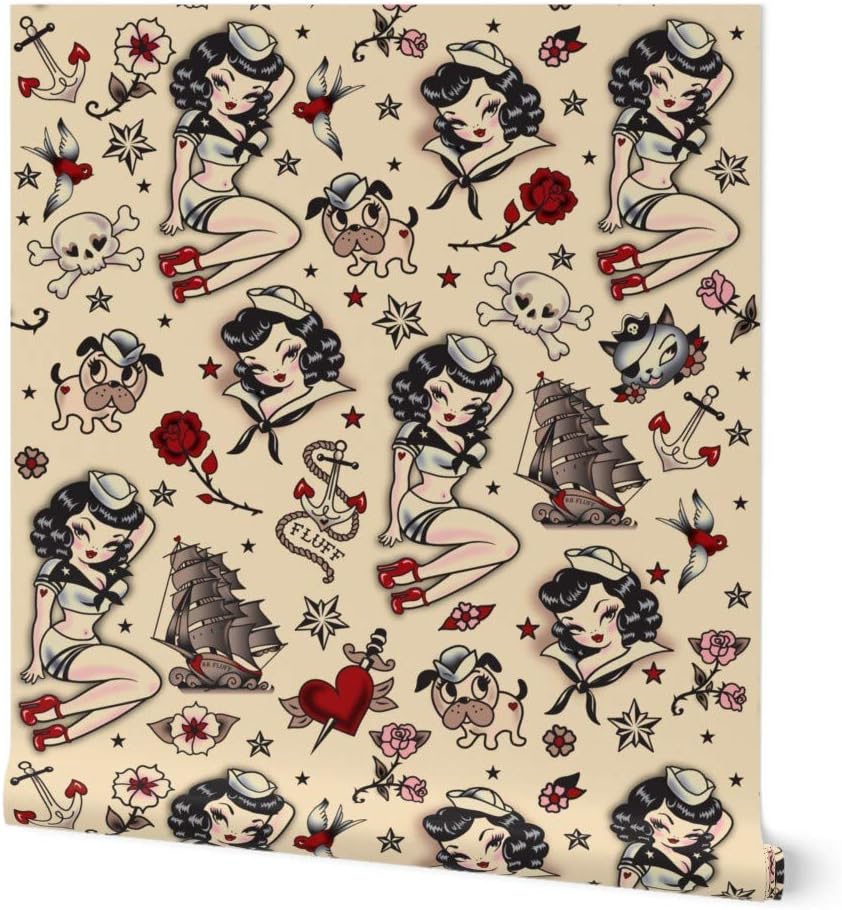Peel & Stick Wallpaper Swatch - Sailor Medium Pink Vintage Tattoo Girl Pinup Cute Nautical Tattoos Retro Rockabilly Inspired Beach Custom Removable Wallpaper by Spoonflower