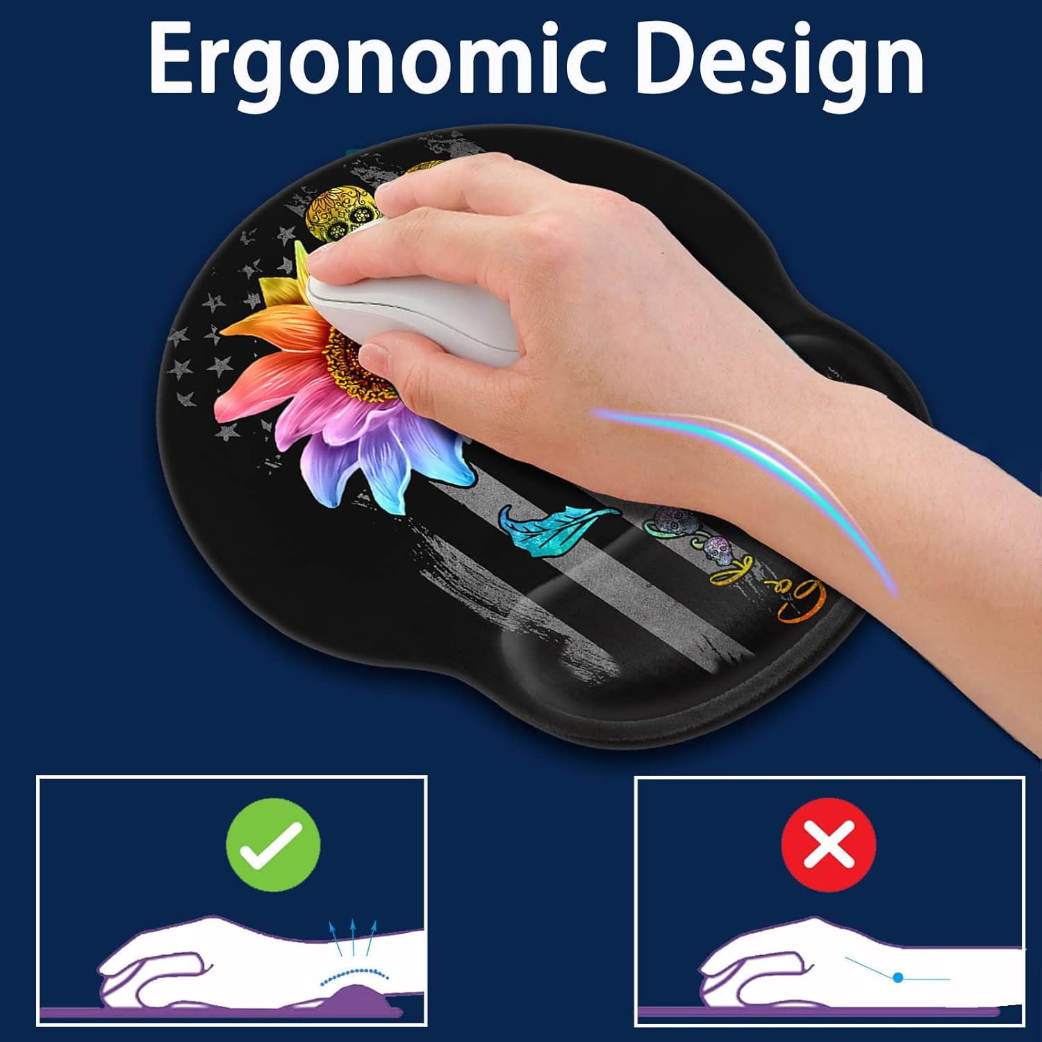 Mouse Pad with Wrist Support Gaming Mousepad Office Easy Typing Games to Relieve Fatigue Non-Slip Base, Colorful Sunflower Skull Pattern Desktop Decoration, Soft Memory Foam Keyboard Wrist Support