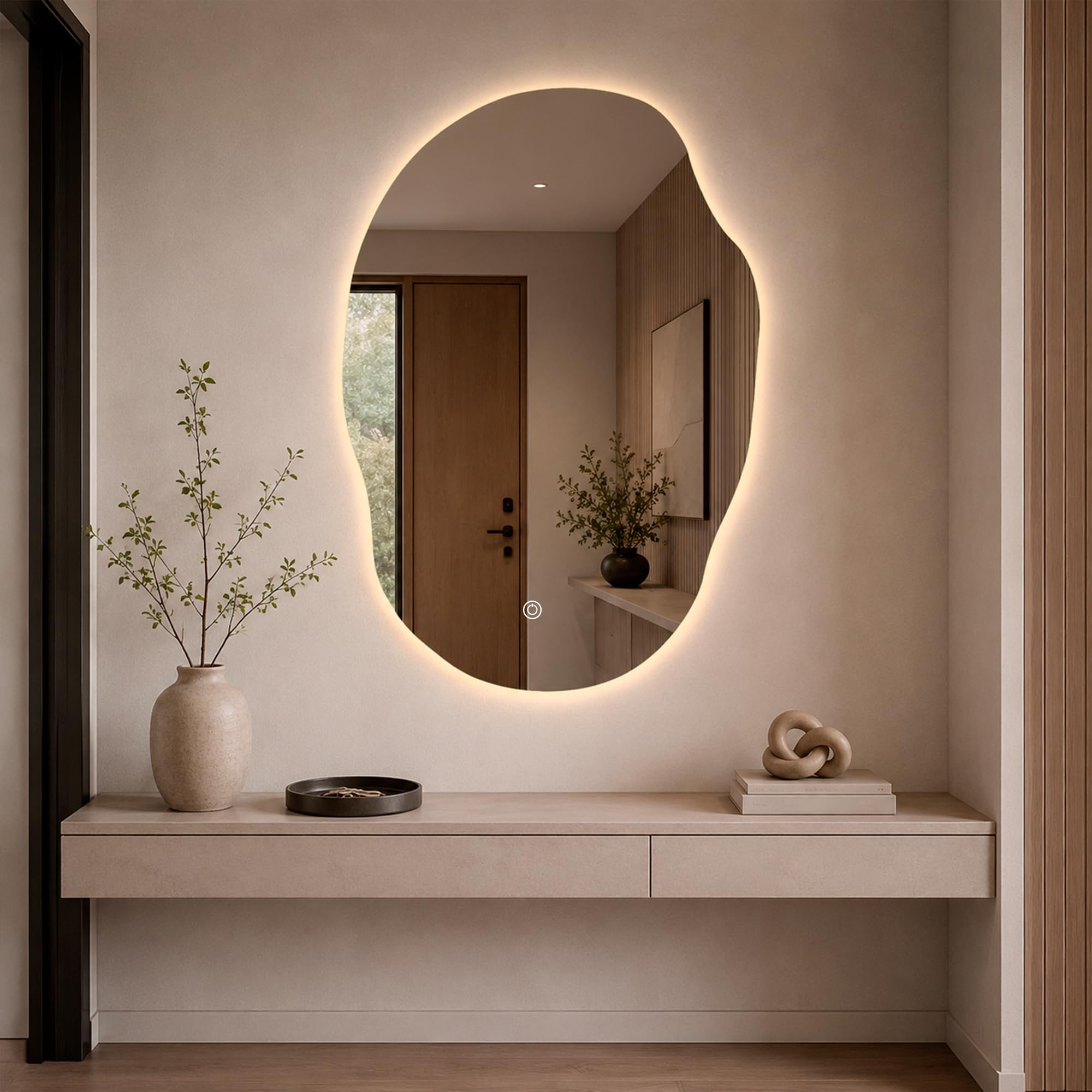 Espejo LED con Antivaho y Control Táctil, 50 x 70 cm (Irregular) | Luz Cálida, Neutra y Fría, Brillo Regulable, Memoria, Apto para Ambientes Húmedos, Enchufe y Tornillos Incluidos