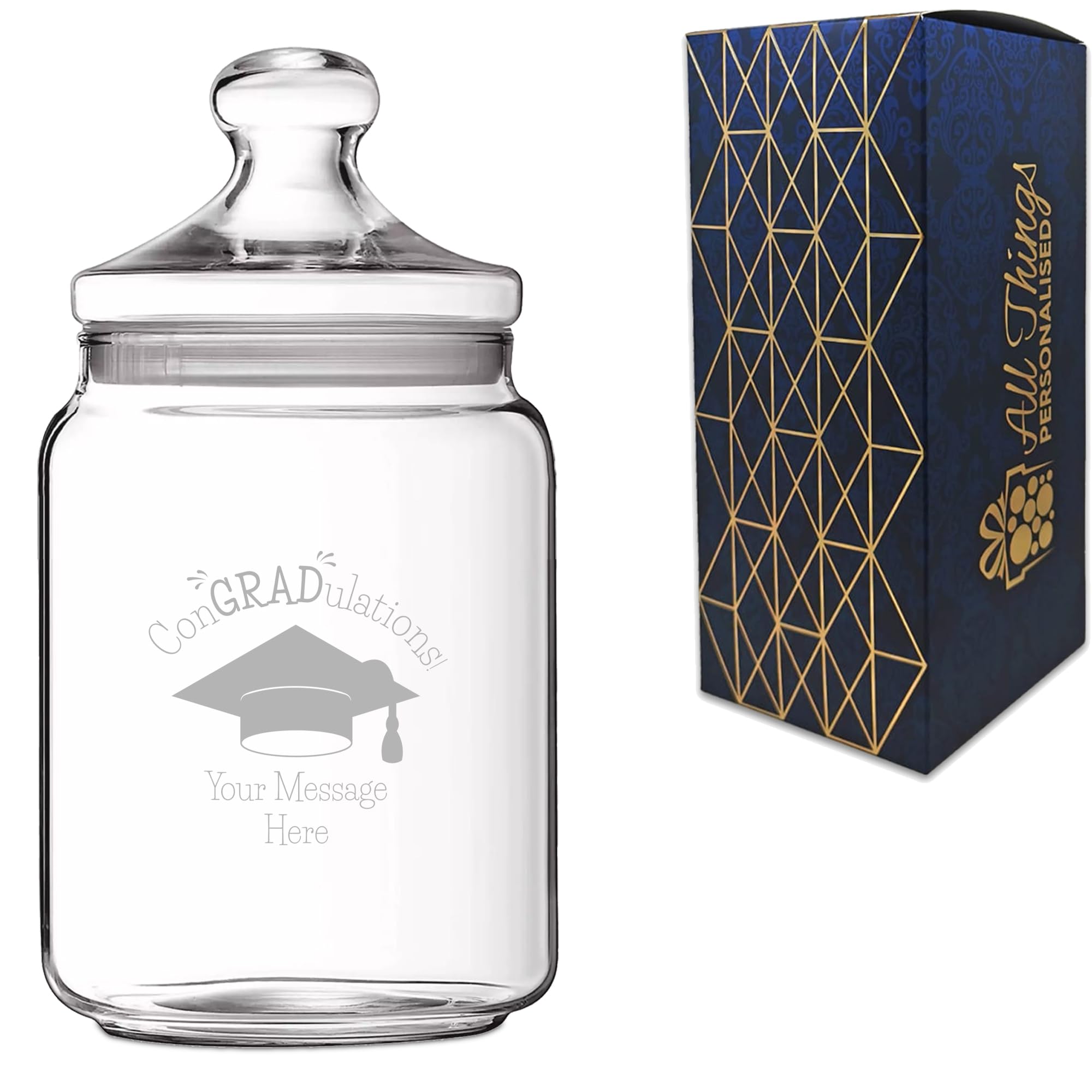 Personalised 1 Litre Glass Sweets Biscuits Jar with ConGRADulations Design, Custom Laser Engraved Treat Jar with Lid, Personalised Graduation Gift for Graduate and Student Success, Gift Box Included
