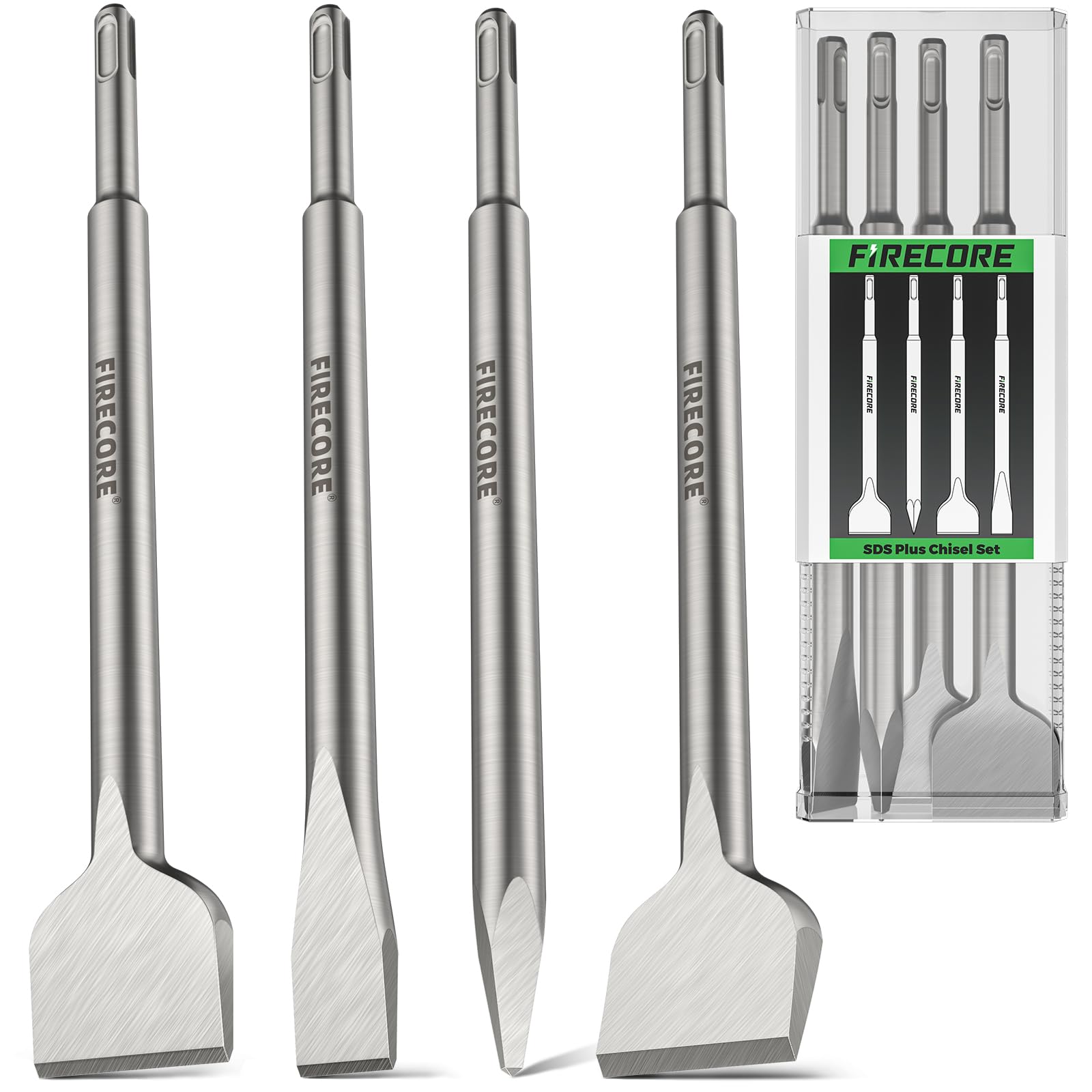 SDS Plus Chisel Set 4 Pcs, Firecore 250mm Straight & 10° Angled Flat Chisels, Narrow Flat Chisel, Point Chisel, Heavy Duty Demolition Tools for Concrete, Wall, Tile Removal, Grooving and Breaking