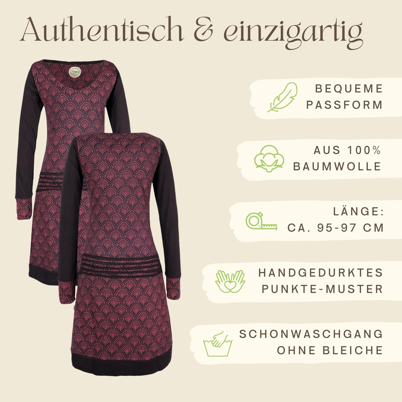 Vishes Leichtes Jerseykleid Langarm mit Punkten | Handgefertigt aus 100% Baumwolle | Ideal für Herbst & Frühjahr | Nachhaltige Alternative Bekleidung