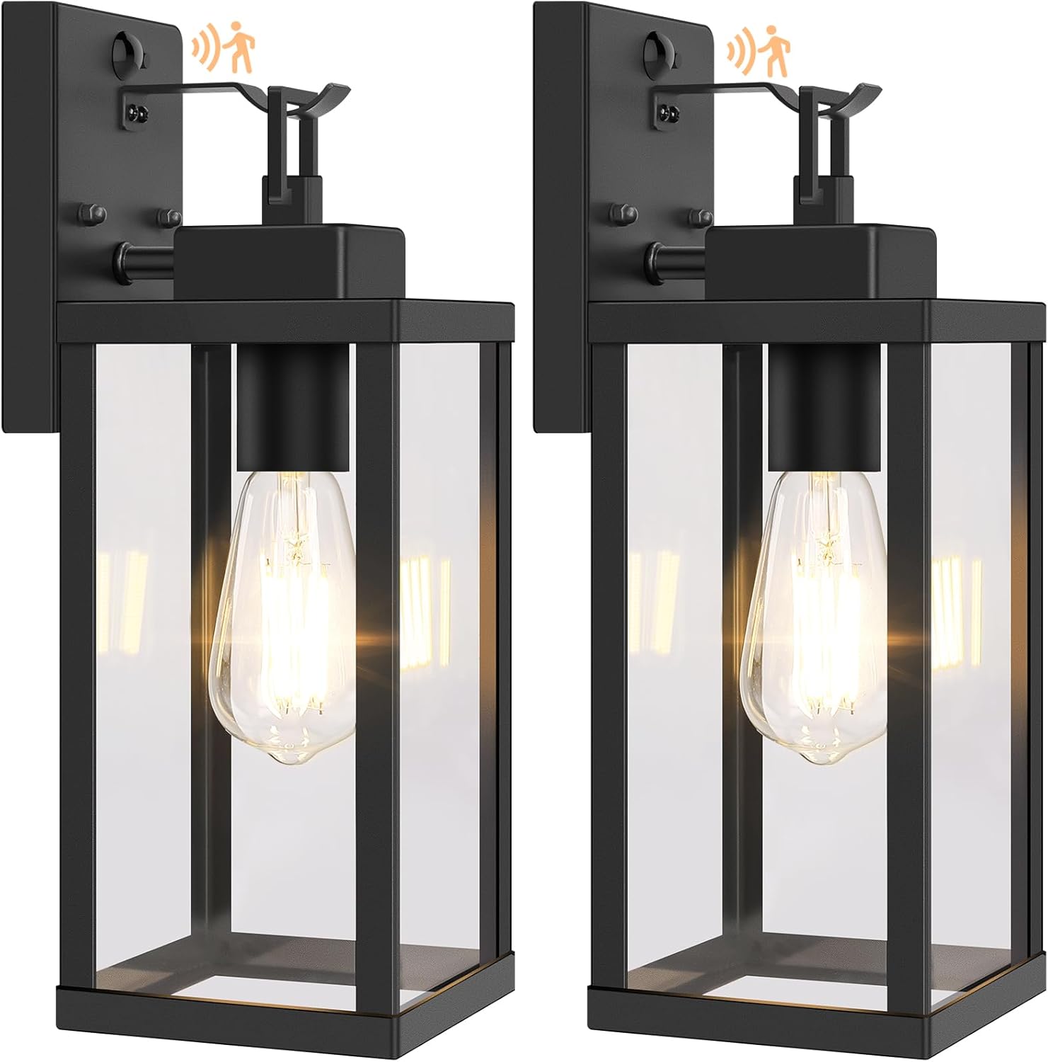 BesLowe 14” Upgraded Movement Sensor Outside Wall Lights, Nightfall to Daybreak Porch Lights Outside Wall Sconces, 3 Lighting Modes Exterior Lighting Fixtures with Hooks, Black Exterior Lights for Home, 2-Pack