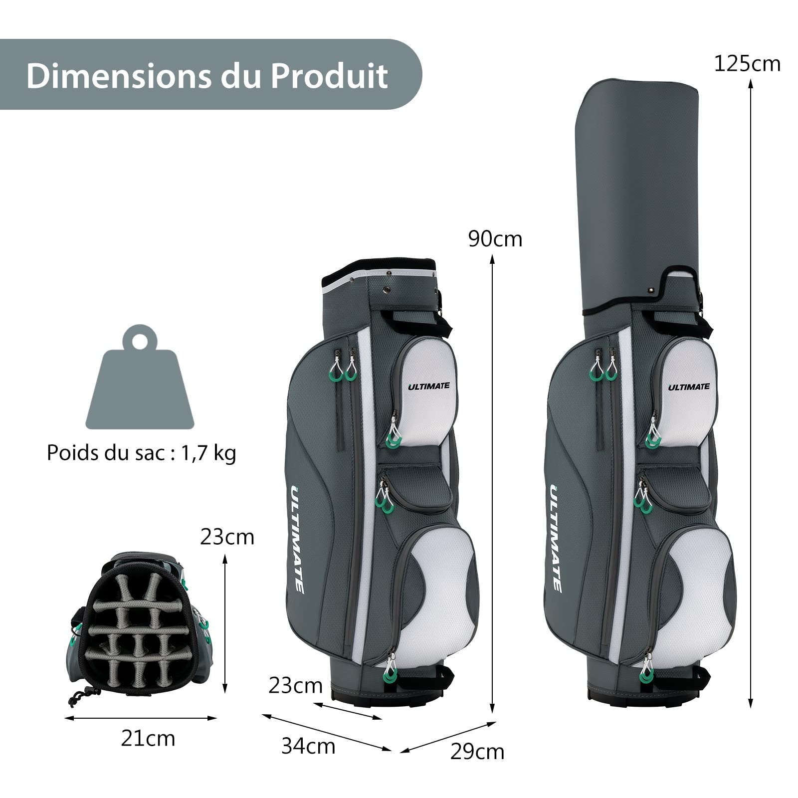 COSTWAY Sac de Golf Chariot Portable pour 14 Clubs avec 7 Poches Zippées et Capuche Anti-Pluie Bandoulière Poignée en PVC et Porte-Ombrelle