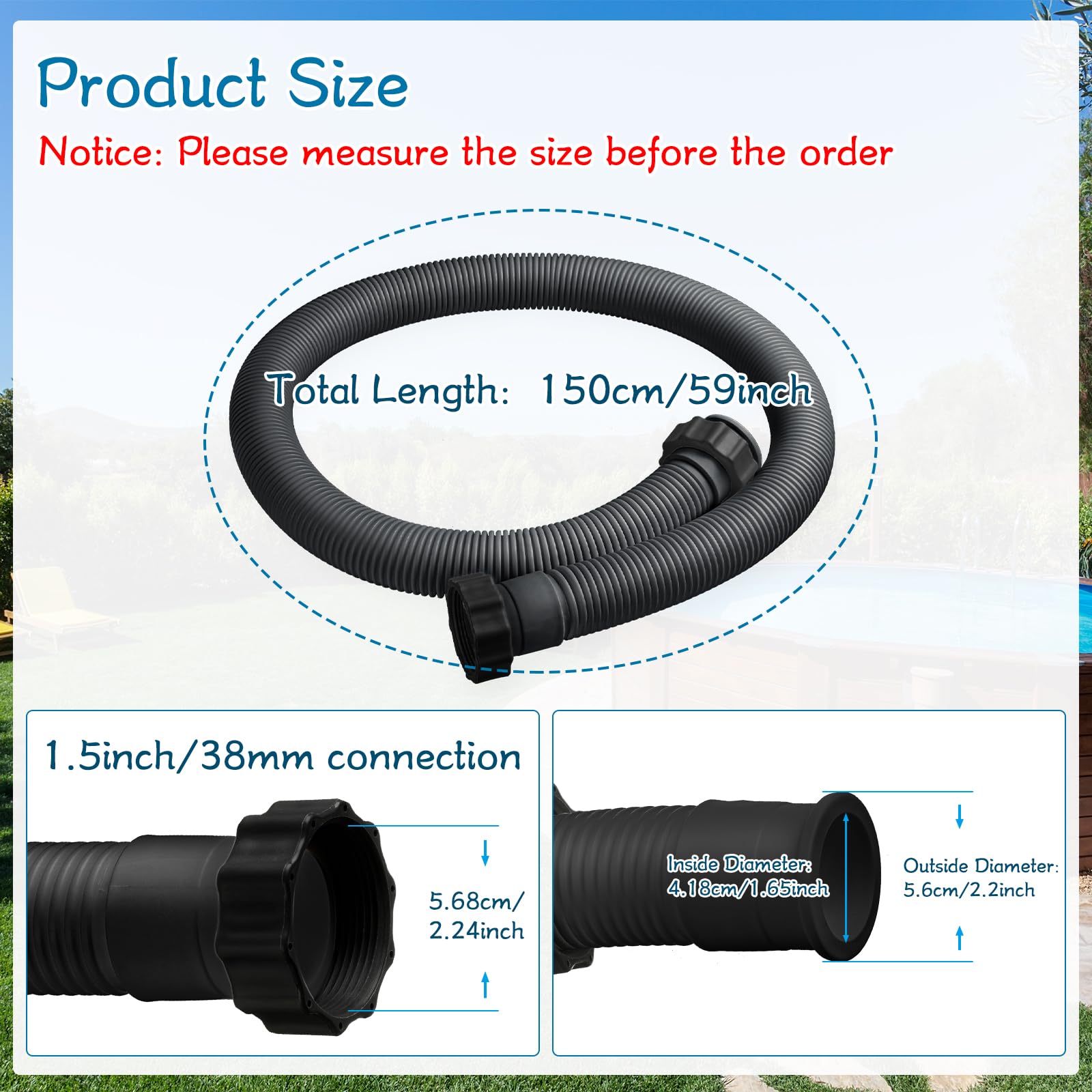 Lot de 2 tuyaux de piscine de 3,8 cm pour piscine hors sol de 150 cm de long avec 2 adaptateurs de tuyau de type B pour systèmes d'eau salée de piscine (noir)
