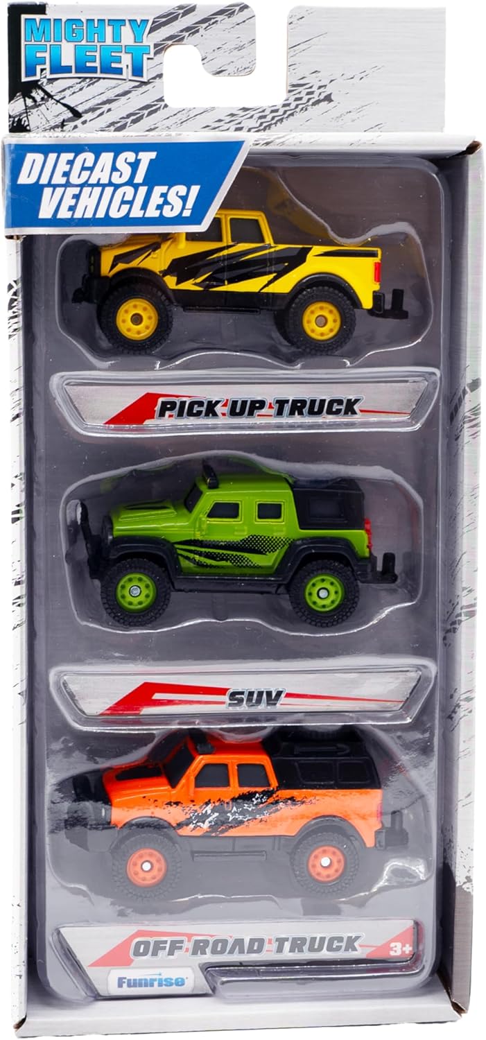 Mighty Fleet Diecast 3-Pack, Pick-Up Truck, SUV, and Off-Road Truck, Durable 3” Diecast Vehicles for Kids Ages 3+
