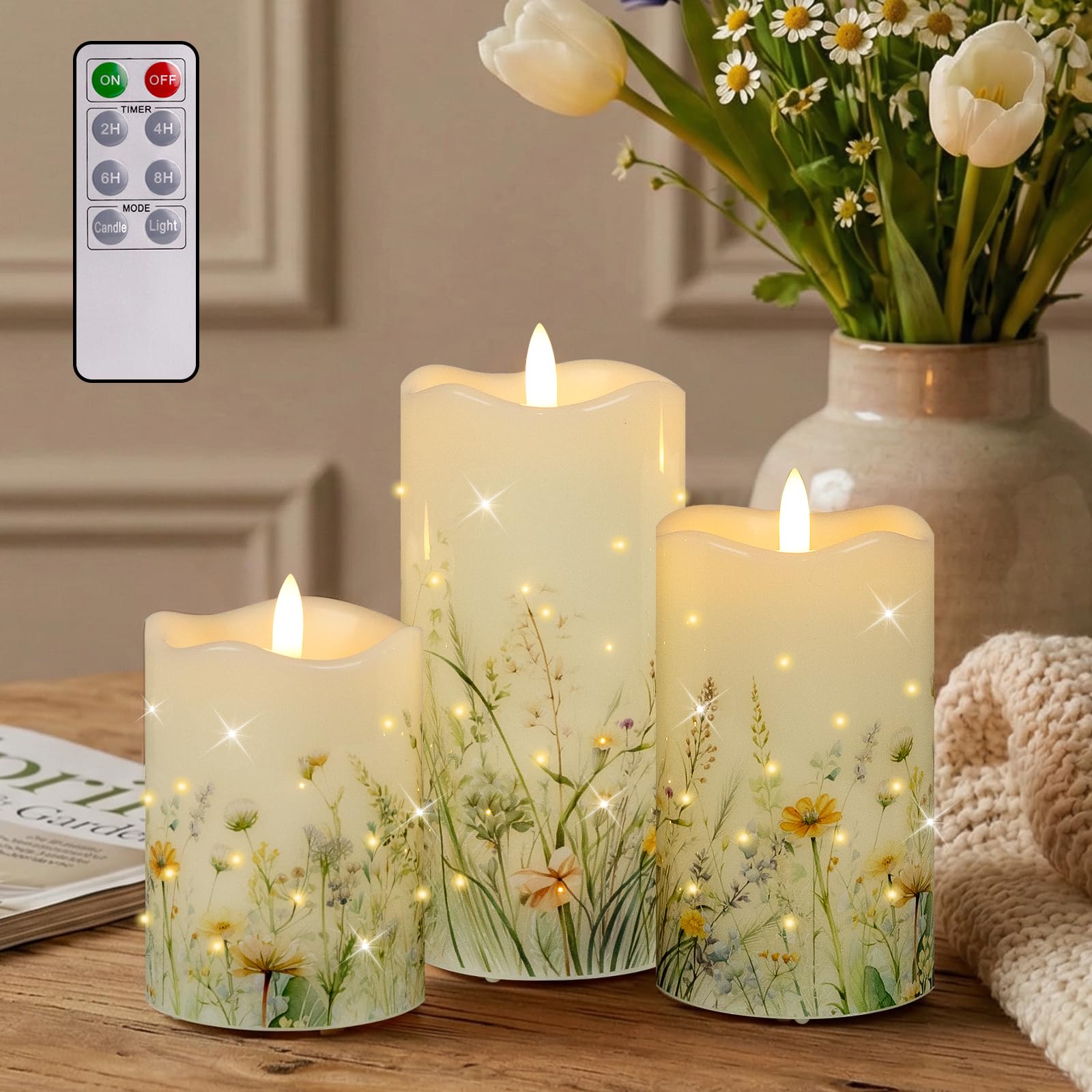 Candele senza fiamma, candele floreali a batteria con telecomando, in fibra ottica, senza fiamma, set di 3 per decorazioni primaverili per interni