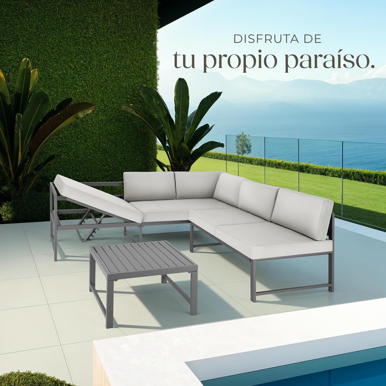 tectake® Conjunto de Muebles de Jardín, Sofa Exterior, Mesa de Exterior, Aluminio Ligero, Cojines Impermeables, Muebles Terraza, Sofá Exterior, Fácil de Limpiar, Resistente a la Intemperie - Gris