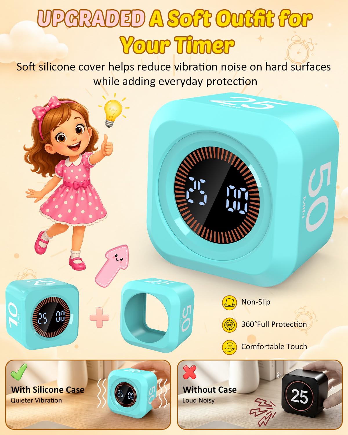 Pomodoro - Cubo temporizador con funda de silicona, 5/10/25/50 min