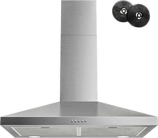 FIREGAS Range Hood 30 Inch, Stainless Steel Wall Mount Kitchen Hood 450 CFM with 3 Speed Exhaust Fan, Ducted/Ductless Convertible, Stove Vent Hood for Kitchen with Aluminium Mesh and Charcoal Filters