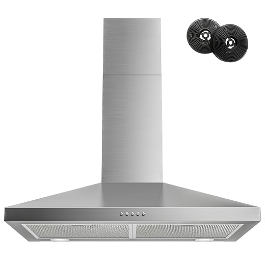FIREGAS Range Hood 30 Inch, Stainless Steel Wall Mount Kitchen Hood 450 CFM with 3 Speed Exhaust Fan, Ducted/Ductless Convertible, Stove Vent Hood for Kitchen with Aluminium Mesh and Charcoal Filters