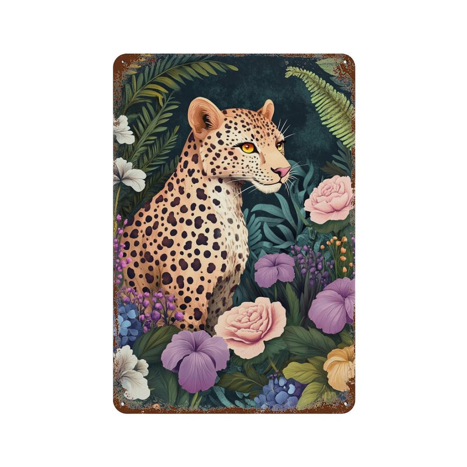 Jungle Leopard Floral Artwork Rustic Tin Plaque 11.8"x7.9", for Pub, Kitchen And Man Cave Decor, Vintage Wall Decor