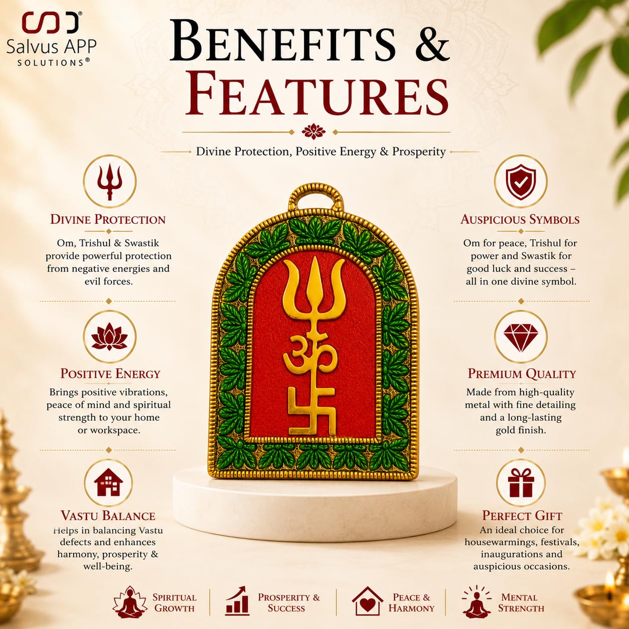 Salvus APP SOLUTIONS Om Trishul Swastik Wall Hanging, Metal Vastu Decor for Home, Office and Shop, Gold, 5.5 x 3.5 Inch 1