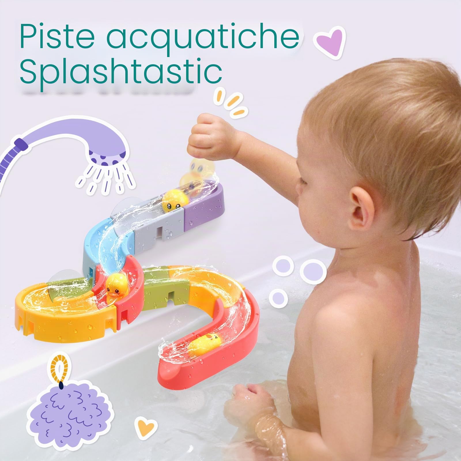 CUTE STONE Giocattolo da bagno per bambini, giocattolo da bagno con pista di costruzione scivolo acquatico, giocattoli galleggianti senza fori, gioco di rete da pesca anatra, regali per ragazzi e
