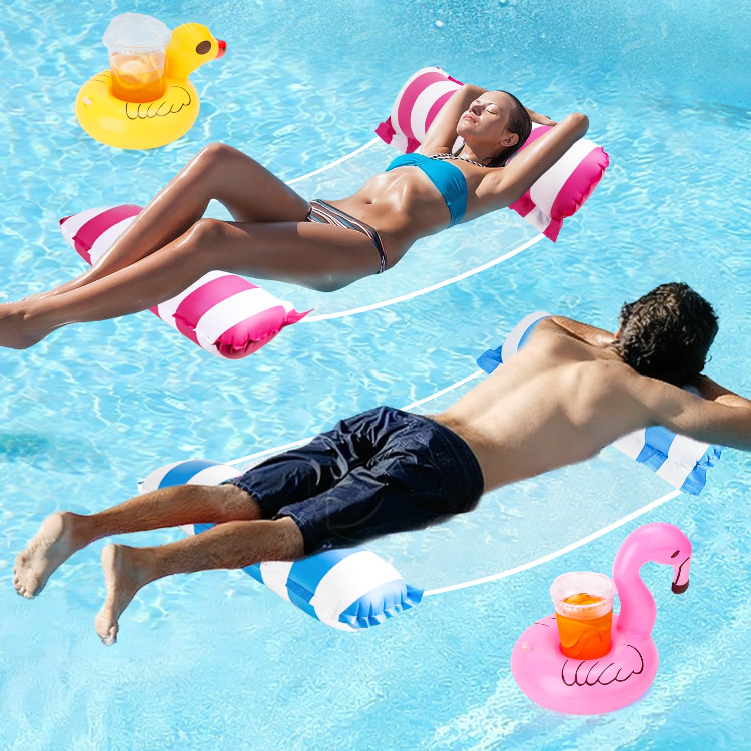 Pack De 2 Flotadores Inflables Para Piscina 4 En 1 – Hamaca Con Sillones, Reposacabezas Y Posabebidas, Incluye Bomba De Aire