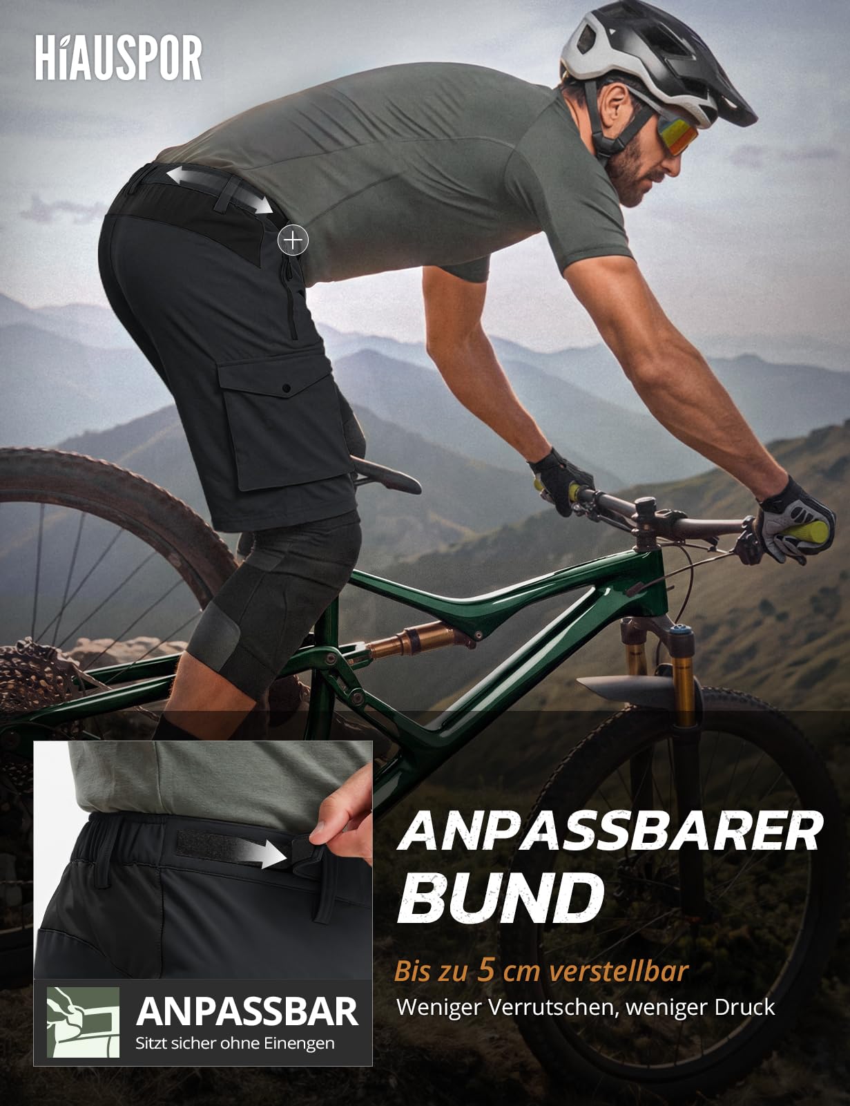 Hiauspor Short de VTT pour Homme - Short de Cyclisme rembourré 3D - Coupe Ample - Poches zippées pour VTT et randonnée
