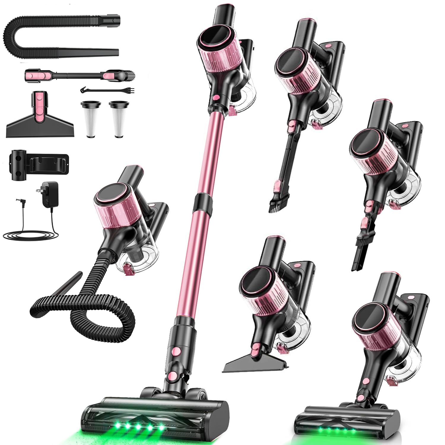Cordless Vacuum Cleaner, 10 in 1 Stick Vacuum with Powerful Suction, Hose, Green LED Light, Anti-Tangle Brush, Lightweight Rechargeable Vacuum Cleaner for Home, Hardwood Floors, Carpets, Pet Hair,Pink